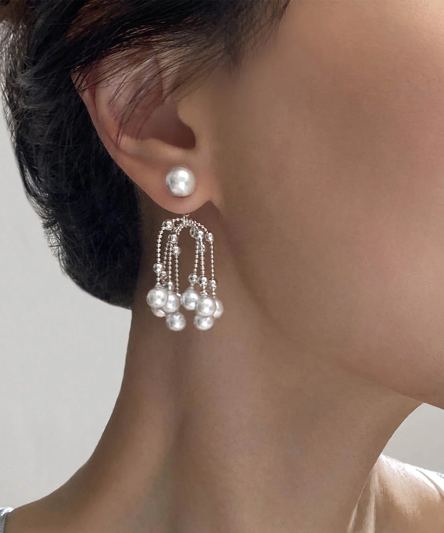 【当日発送】シルバーボールチェーンパールドロップピアス