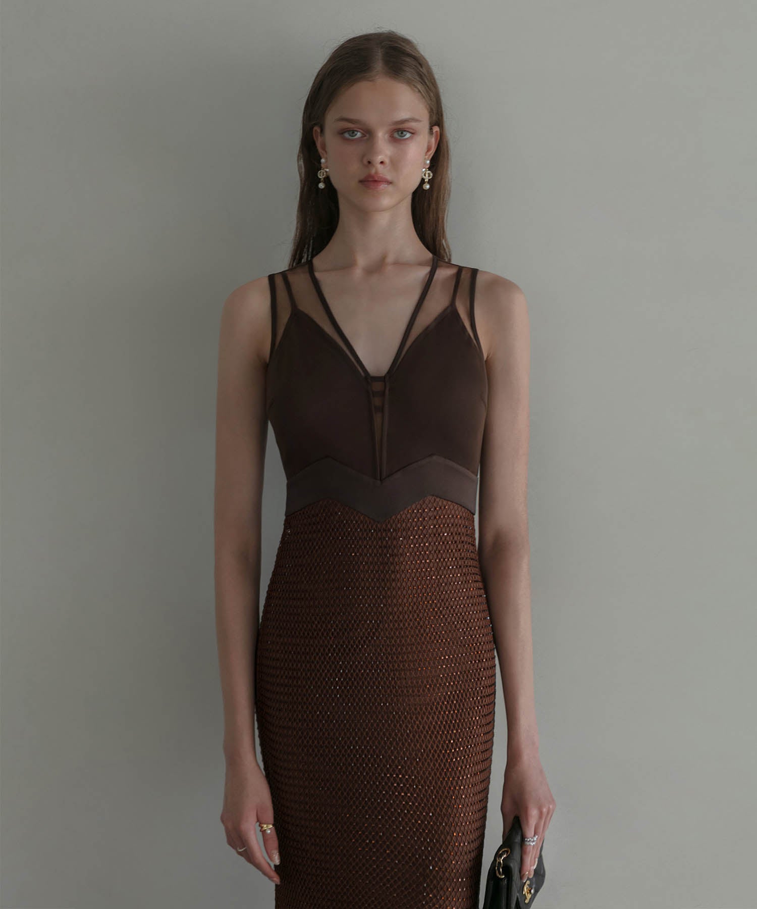 【LEJA LUXE】VネックメッシュストーンIラインドレス