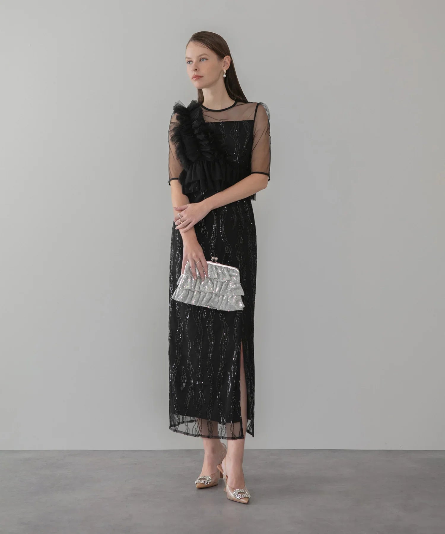 【当日発送】アシンメトリーフリルチュールIラインワンピースドレス