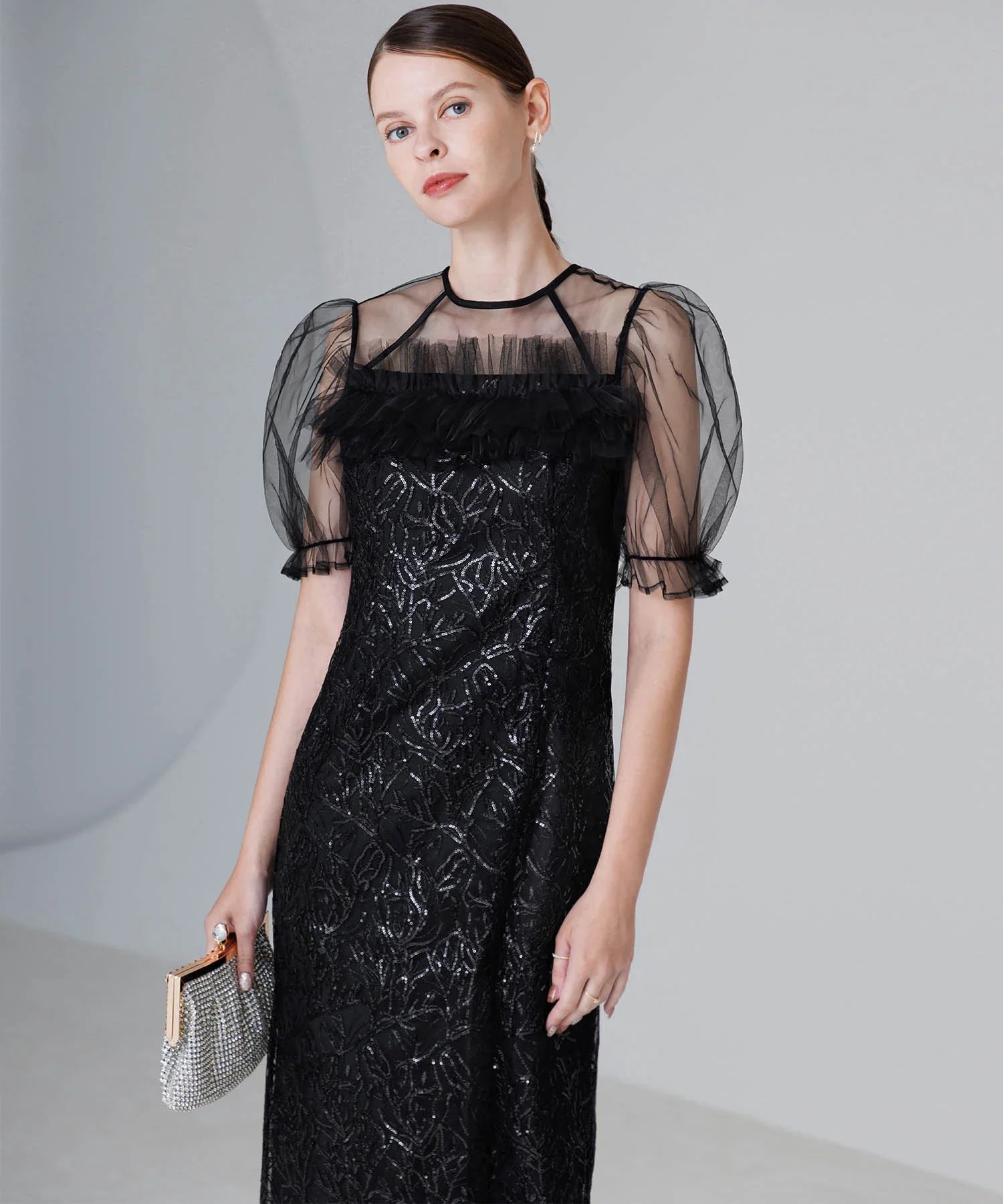 【当日発送】チュールフラワースパンコールIラインワンピースドレス