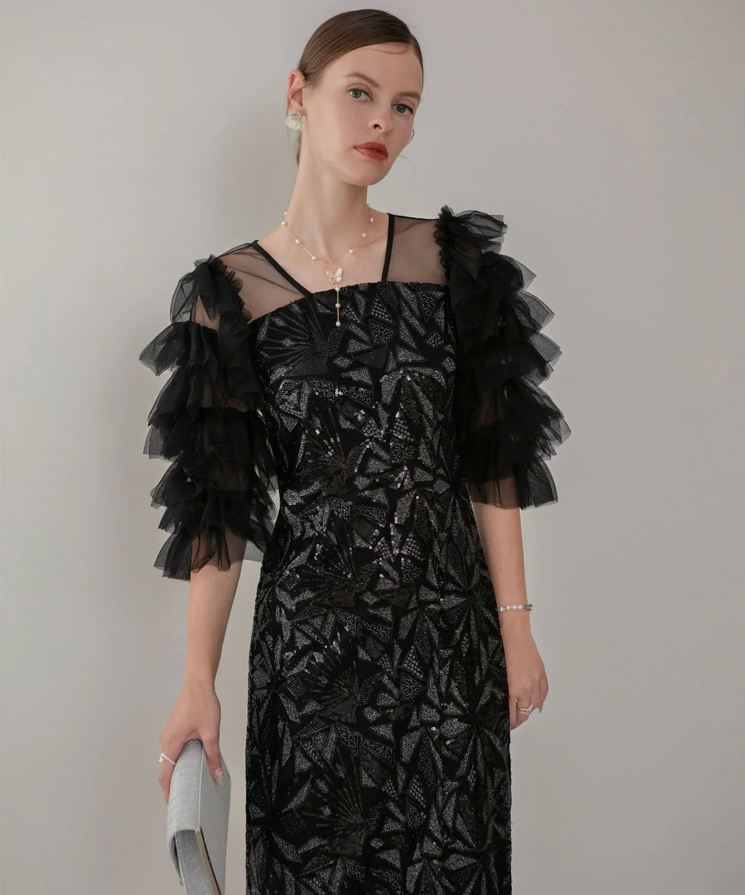 当日発送】チュールフリルスリーブスパンコールIラインワンピースドレス