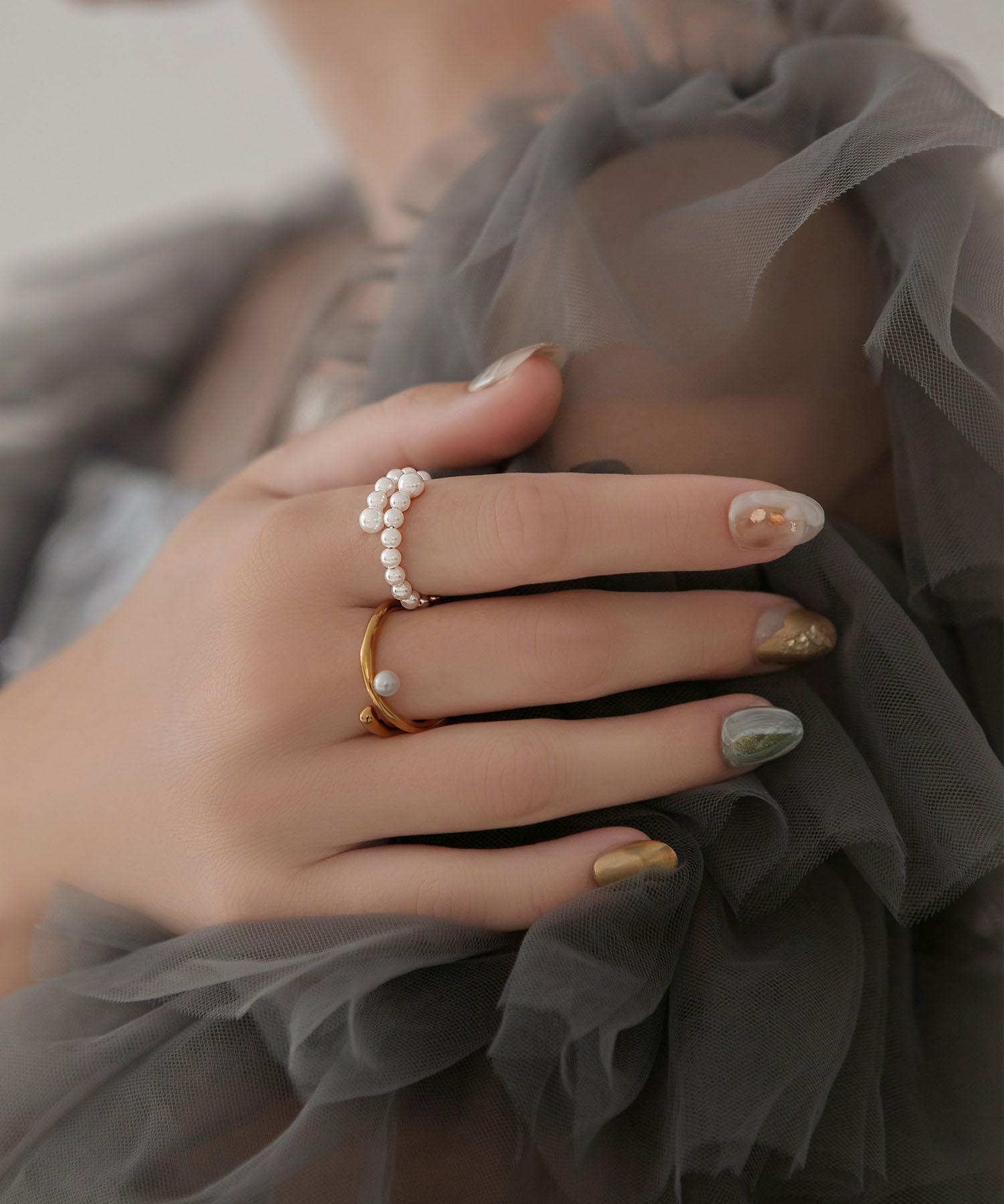 【当日発送】パールダブルラインデザインリング