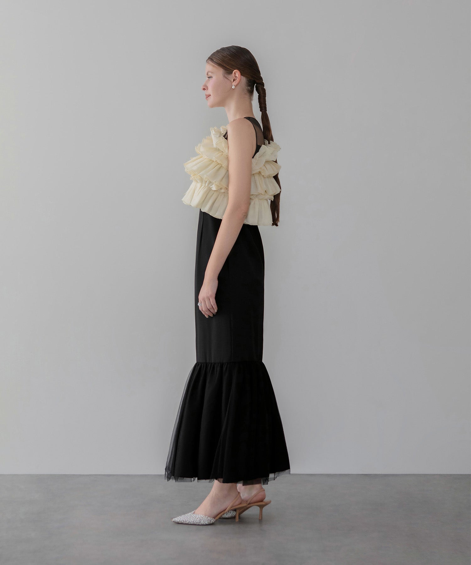 【COMING SOON】3WAYアシンメトリーチュールフリルワンピースドレス