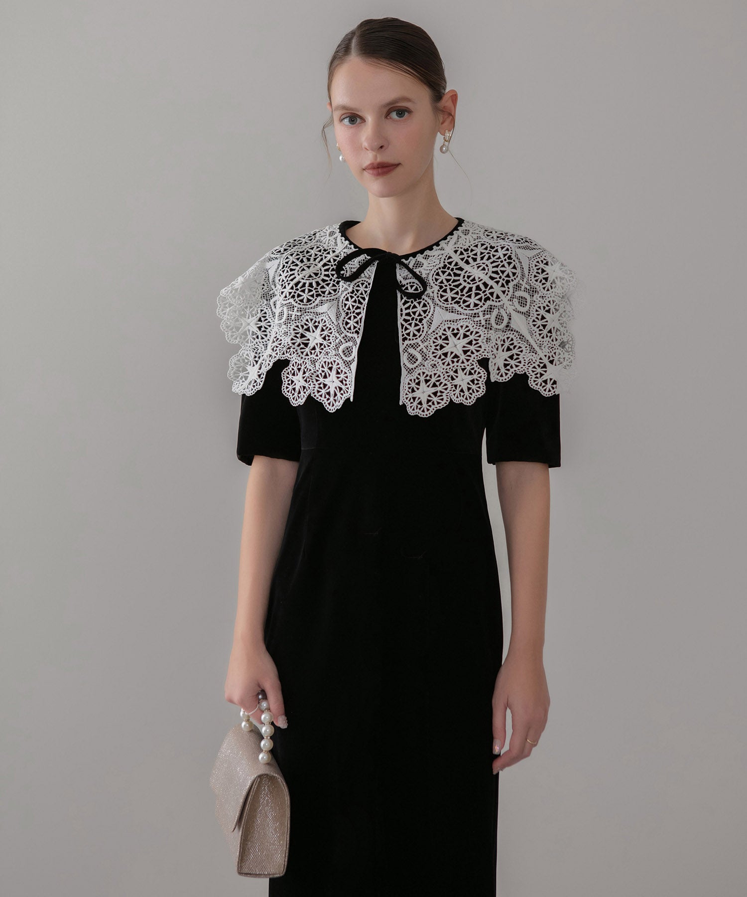 【当日発送】レースカラーベロアIラインワンピースドレス