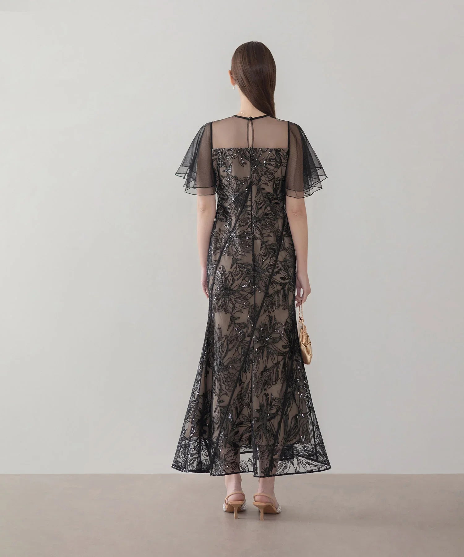 【当日発送】フラワースパンコールチュールフレアスリーブマーメイドワンピースドレス