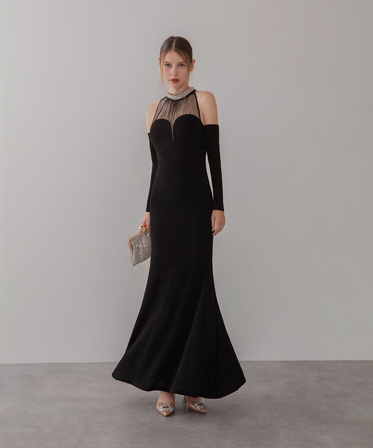 【LEJA LUXE】シアーネックビジューデザインブラックマーメイドロングドレス