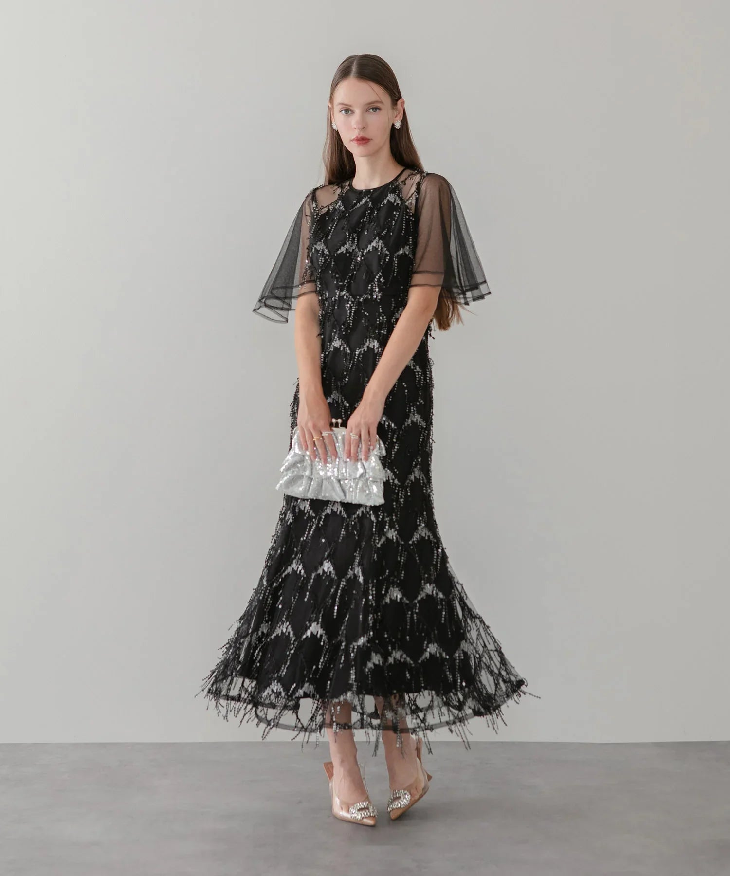 leja チュールスリーブスパンコールマーメイドワンピースドレス 当日発送】チュールスリーブスパンコールマーメイドワンピースドレス