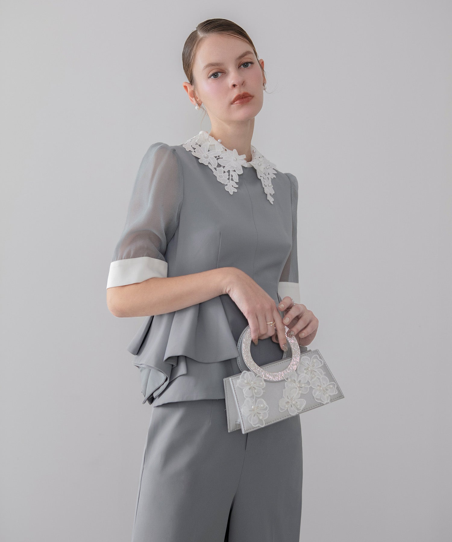 【当日発送】レースカラーペプラムブラウスパンツセットアップドレス