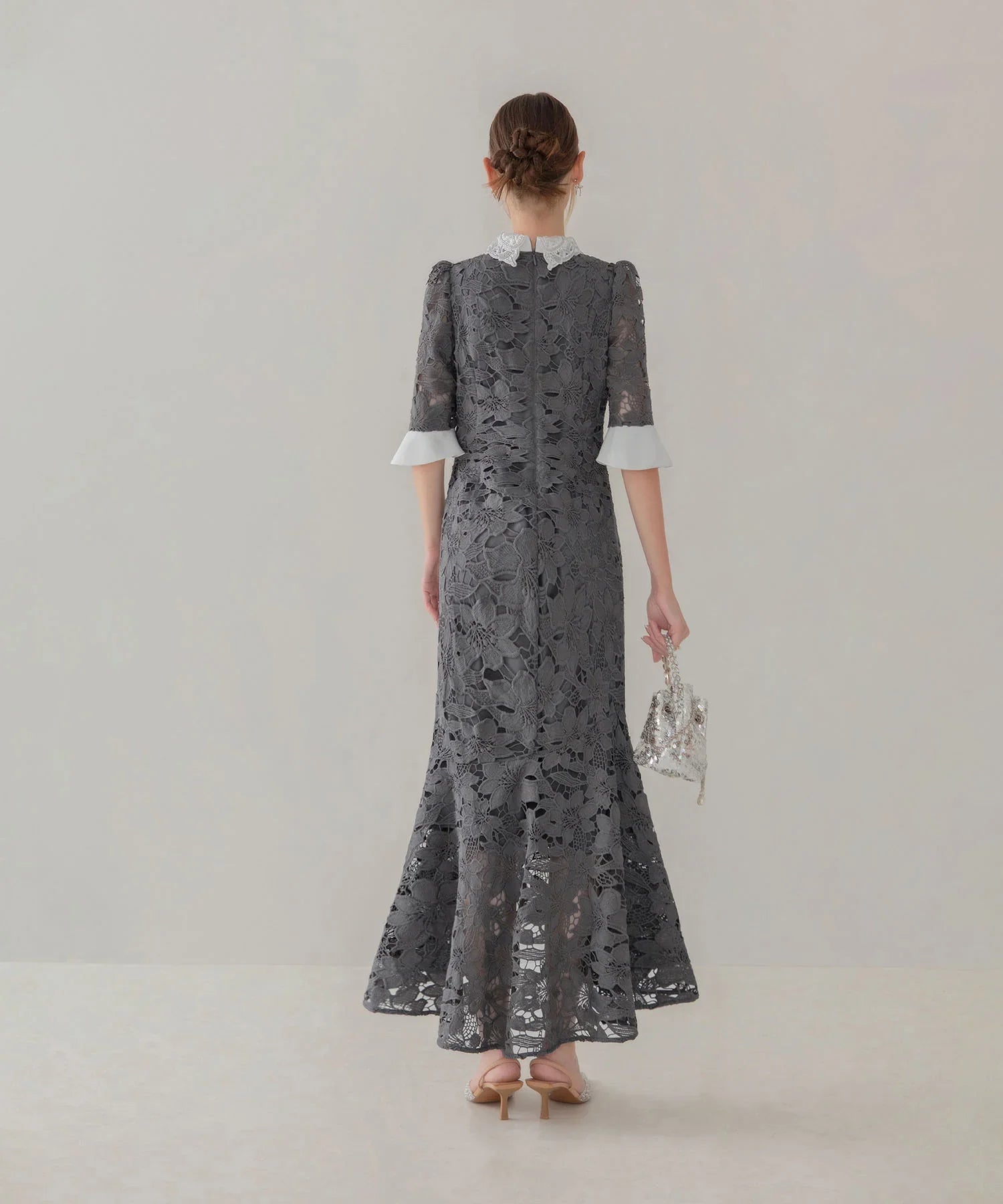 【Leja】パールカラーボウタイフラワーレースフィッシュテールワンピースドレスS LEJA Dress Styling】 ☑ パールカラーボウタイフラワーレース