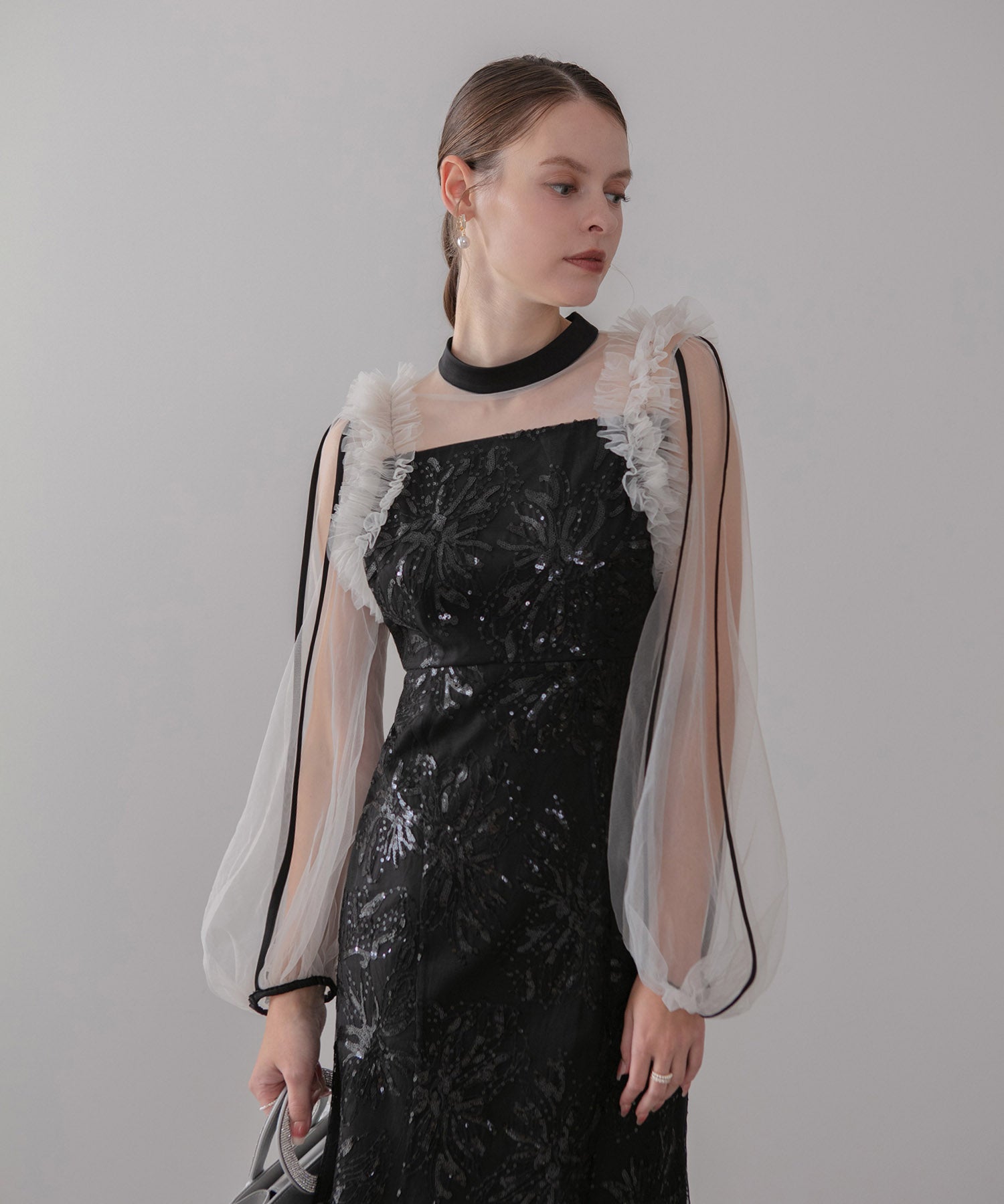 【当日発送】フラワースパンコールチュールフリルロングスリーブマーメイドワンピースドレス