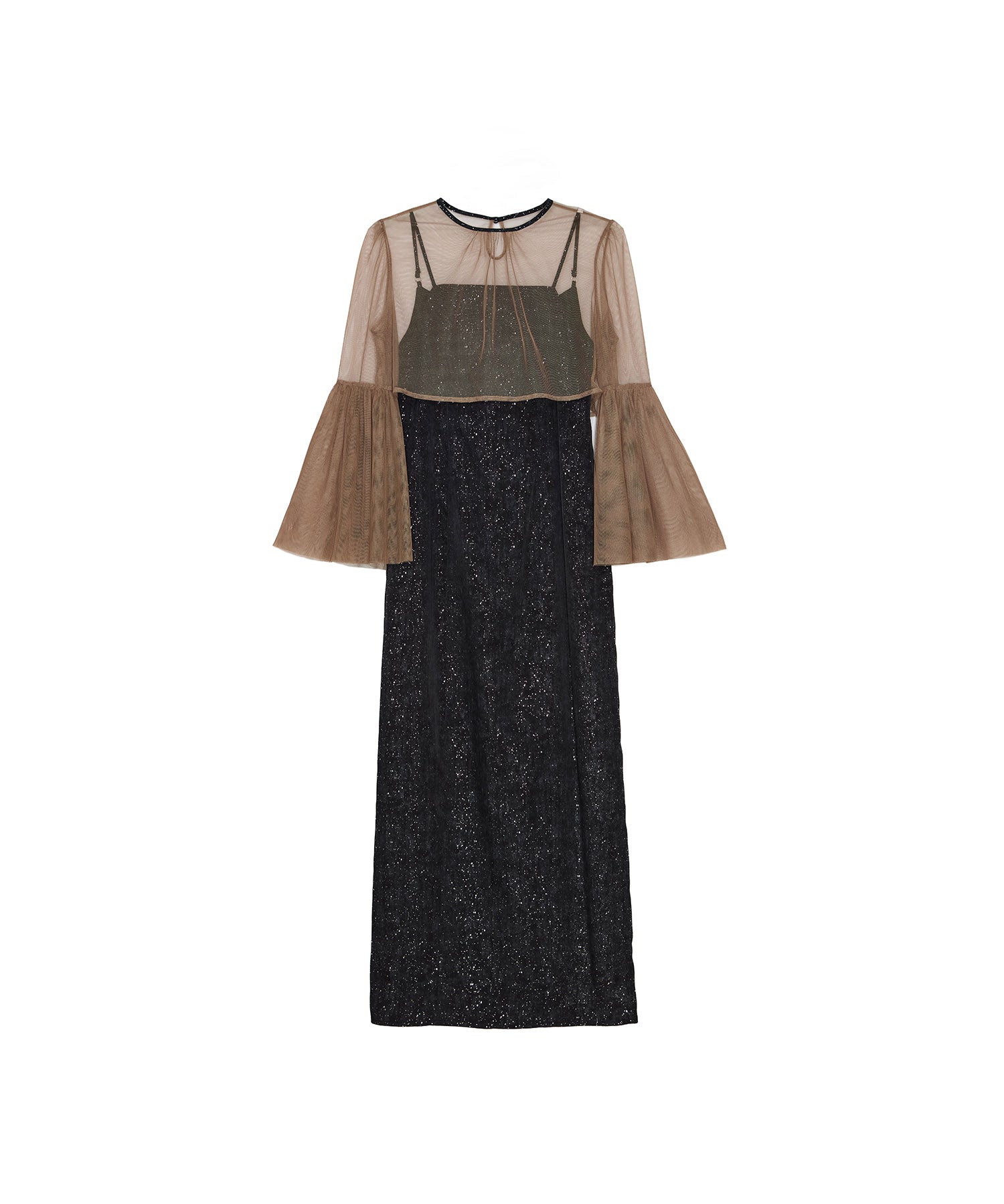 一部当日発送】シアーチュールベルスリーブペイントIラインワンピース