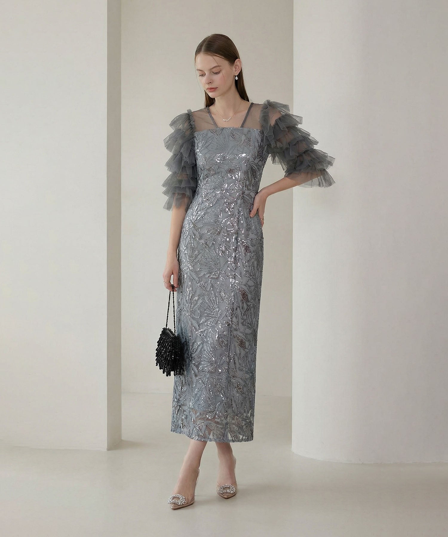 【当日発送】チュールフリルスリーブスパンコールIラインワンピースドレス