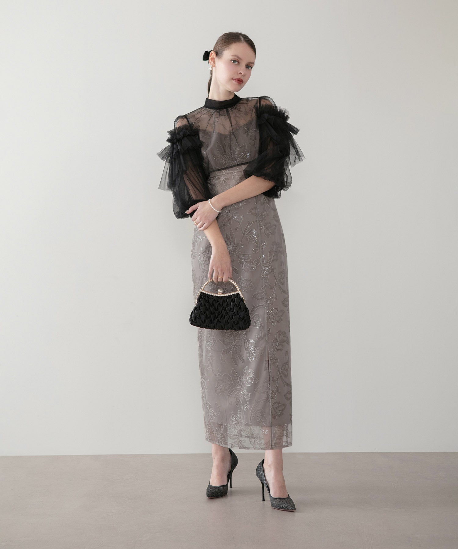 【当日発送】フリルチュールスパンコールフローラルIラインワンピースドレス