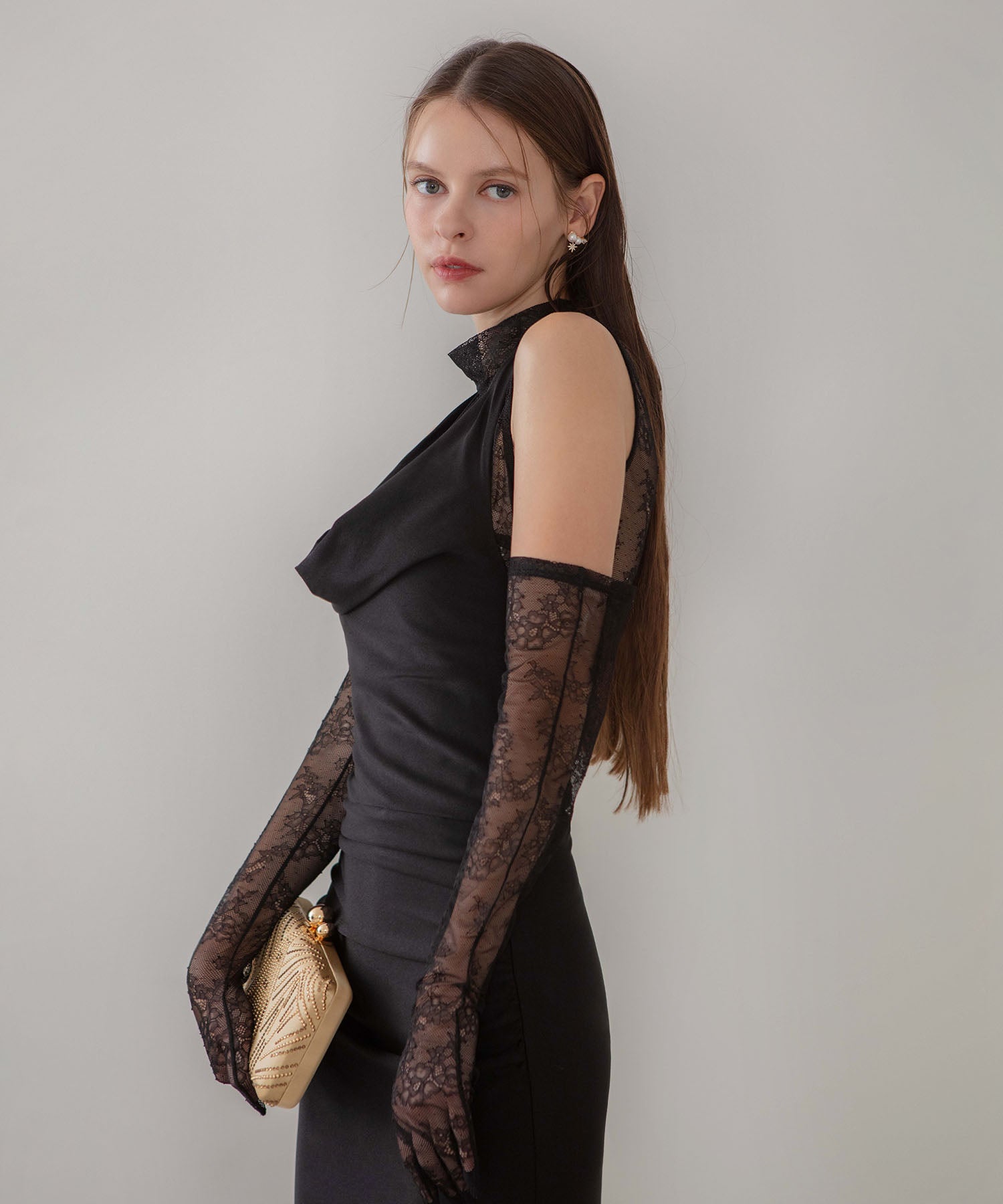 【LEJA LUXE】2WAYシアーレースグローブクラシックブラックマーメイドドレス