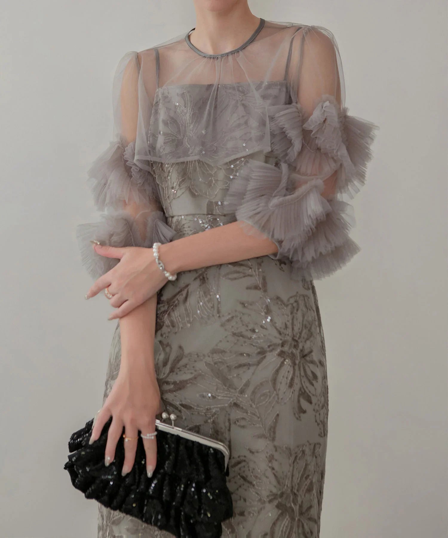 一部当日発送】フラワースパンコールチュールフリルスリーブIライン