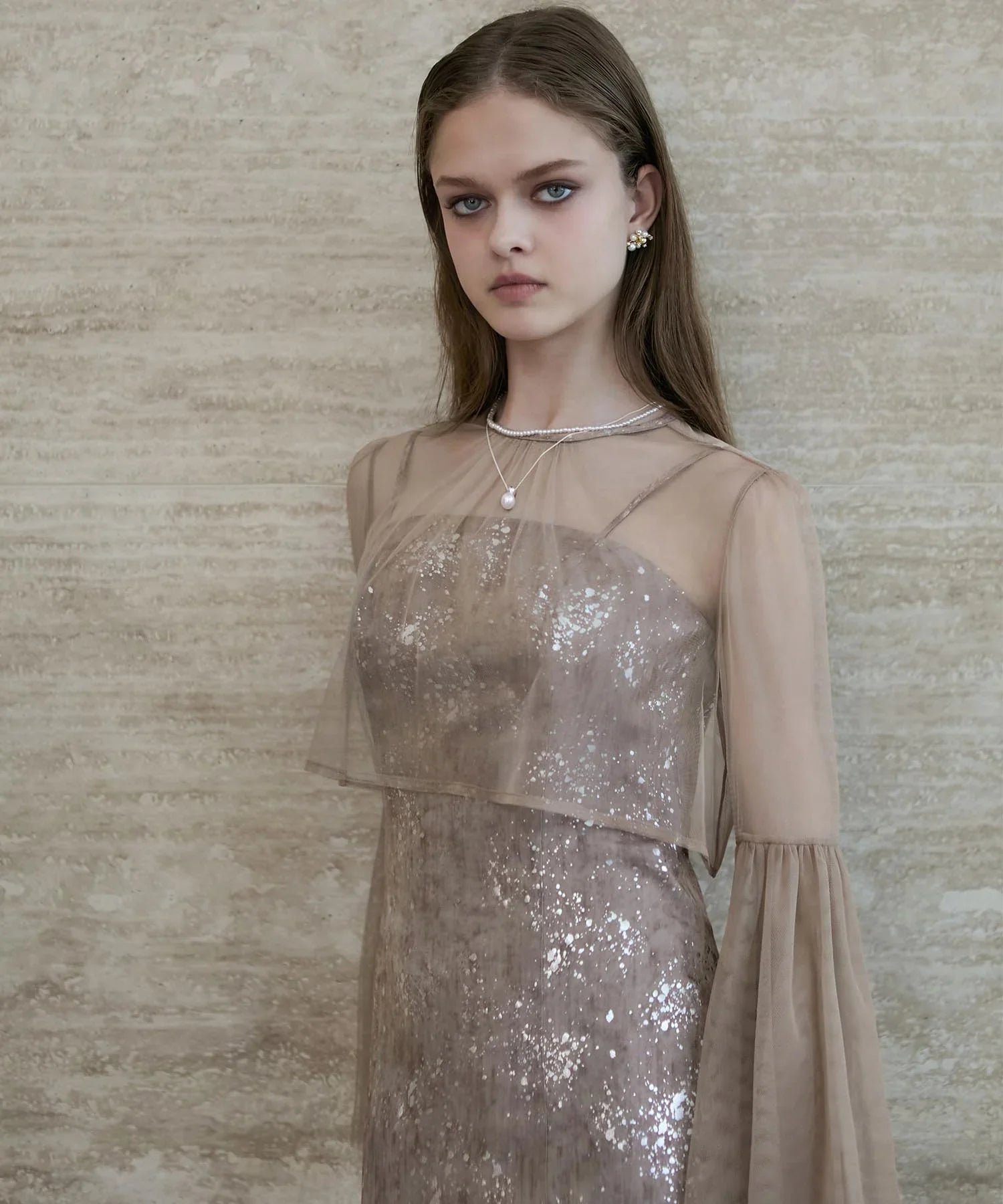 【一部当日発送】シアーチュールベルスリーブペイントIラインワンピースドレス