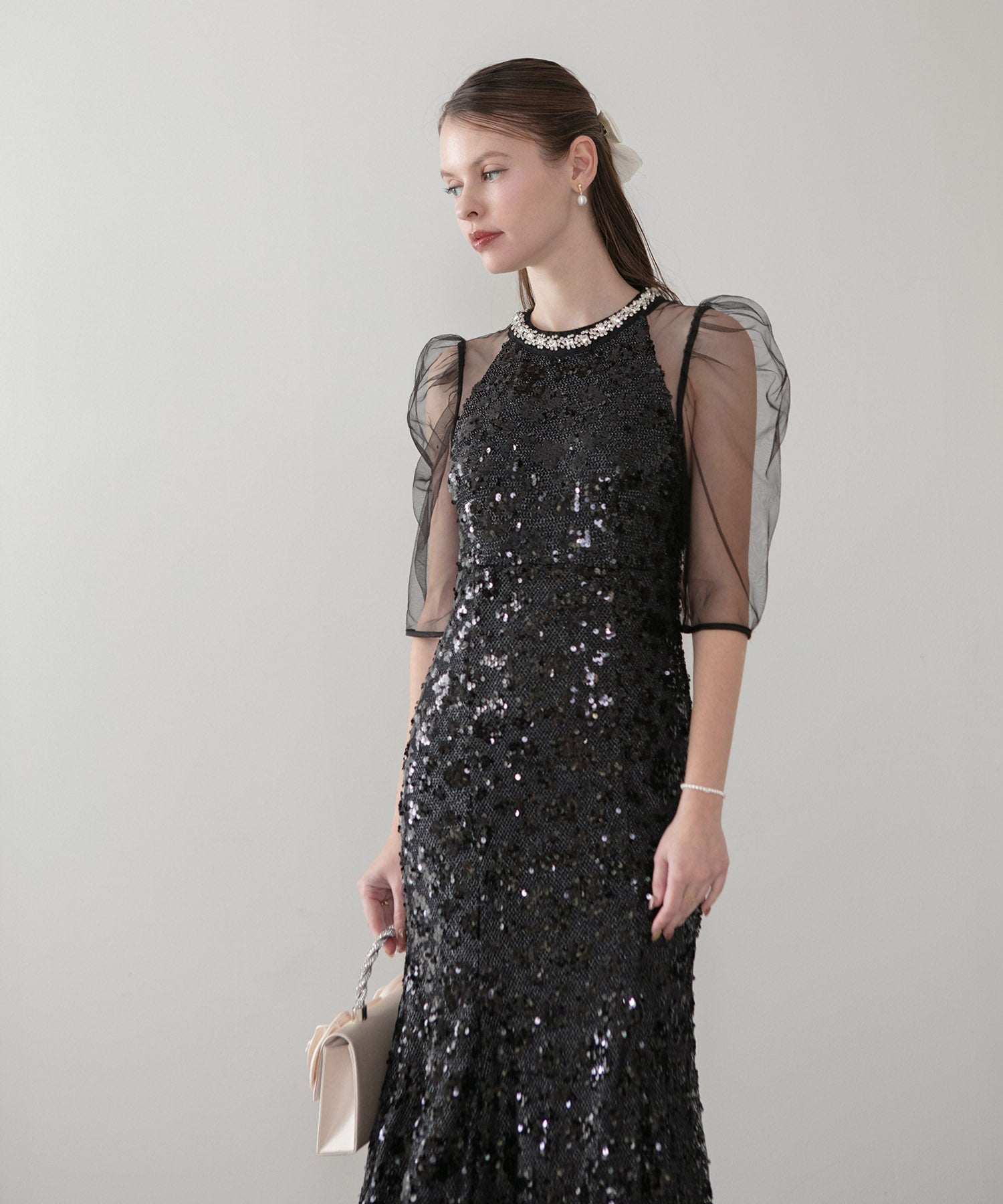 【SOLD OUT】ビジューネックスパンコールシアーマーメイドワンピースドレス