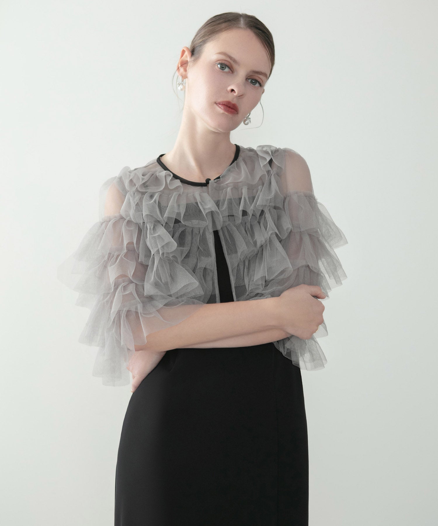 【当日発送】ティアードチュールボレロ フリルIラインワンピースドレス