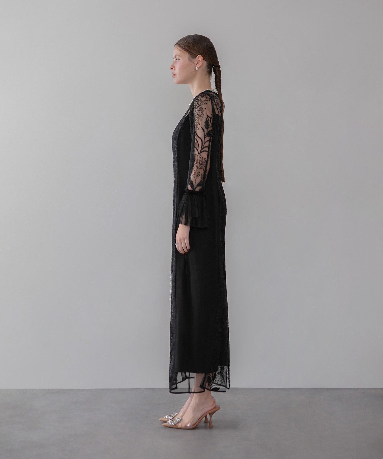 【当日発送】フラワーレースジュエルカラーIラインワンピースドレス