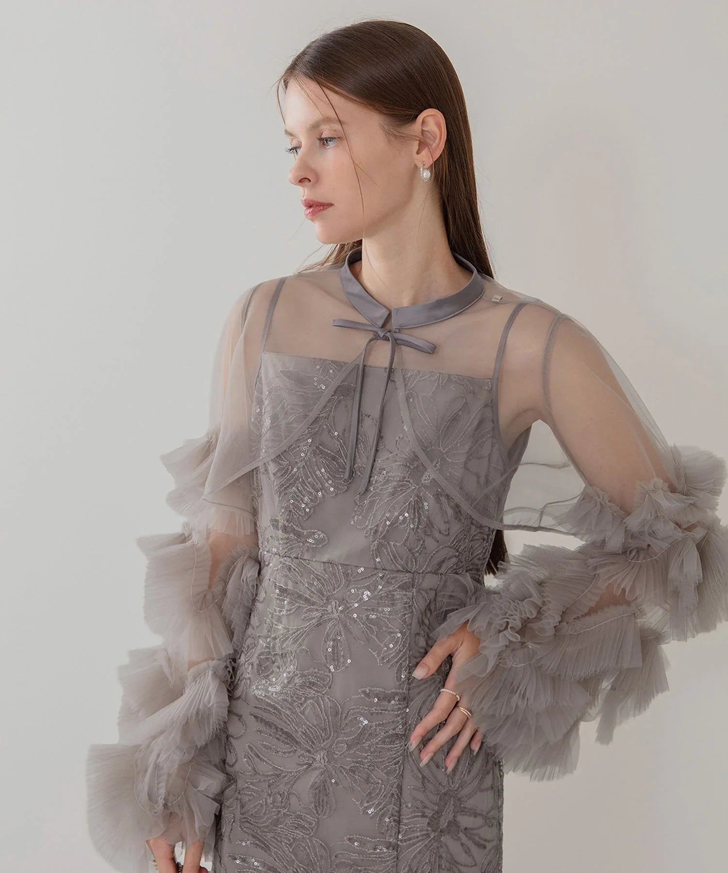 【一部当日発送】フリルチュールスリーブリボンIラインワンピースドレス