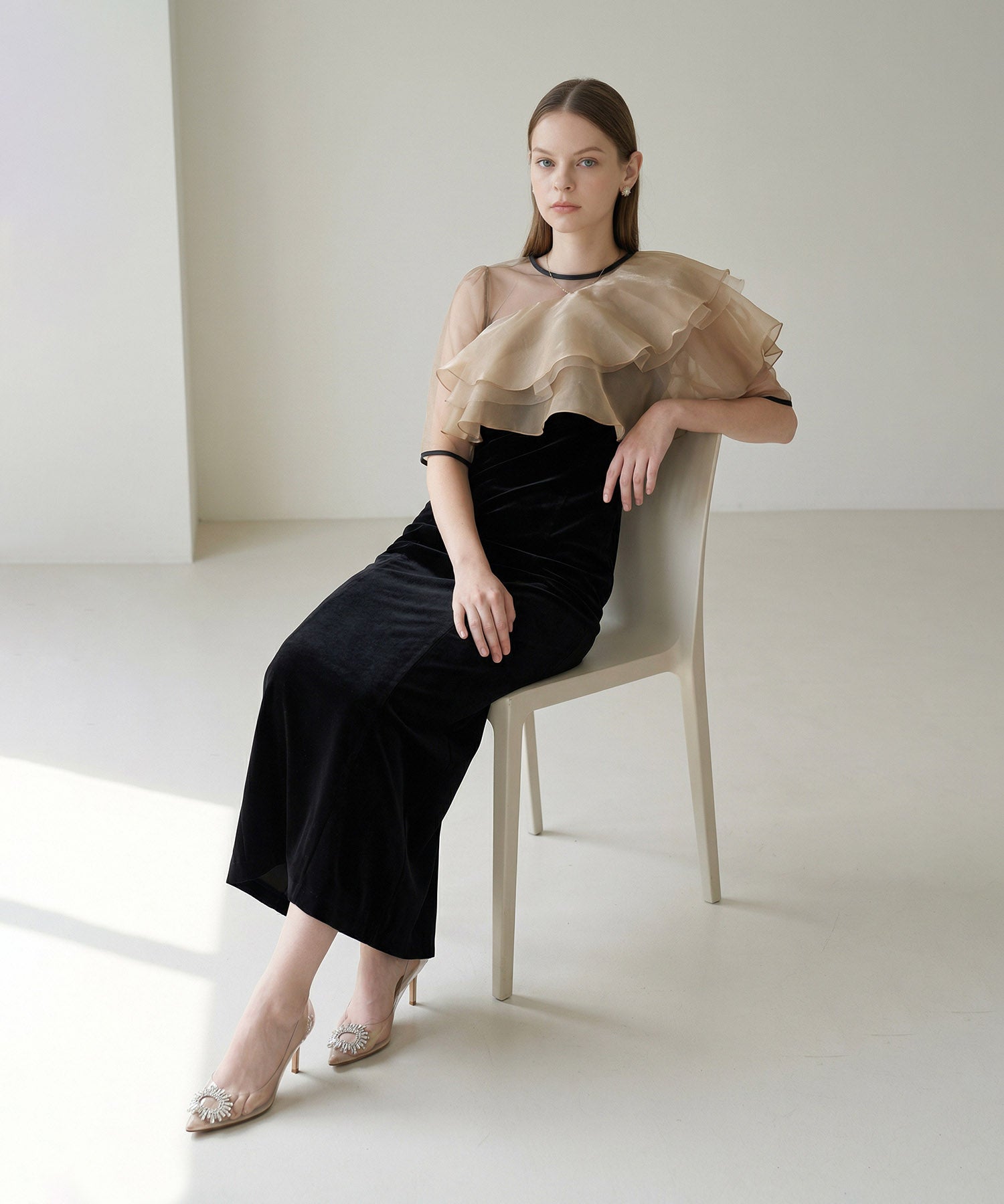 [Same-day shipping] Asymmetrical tiered frill 3-way velour dress