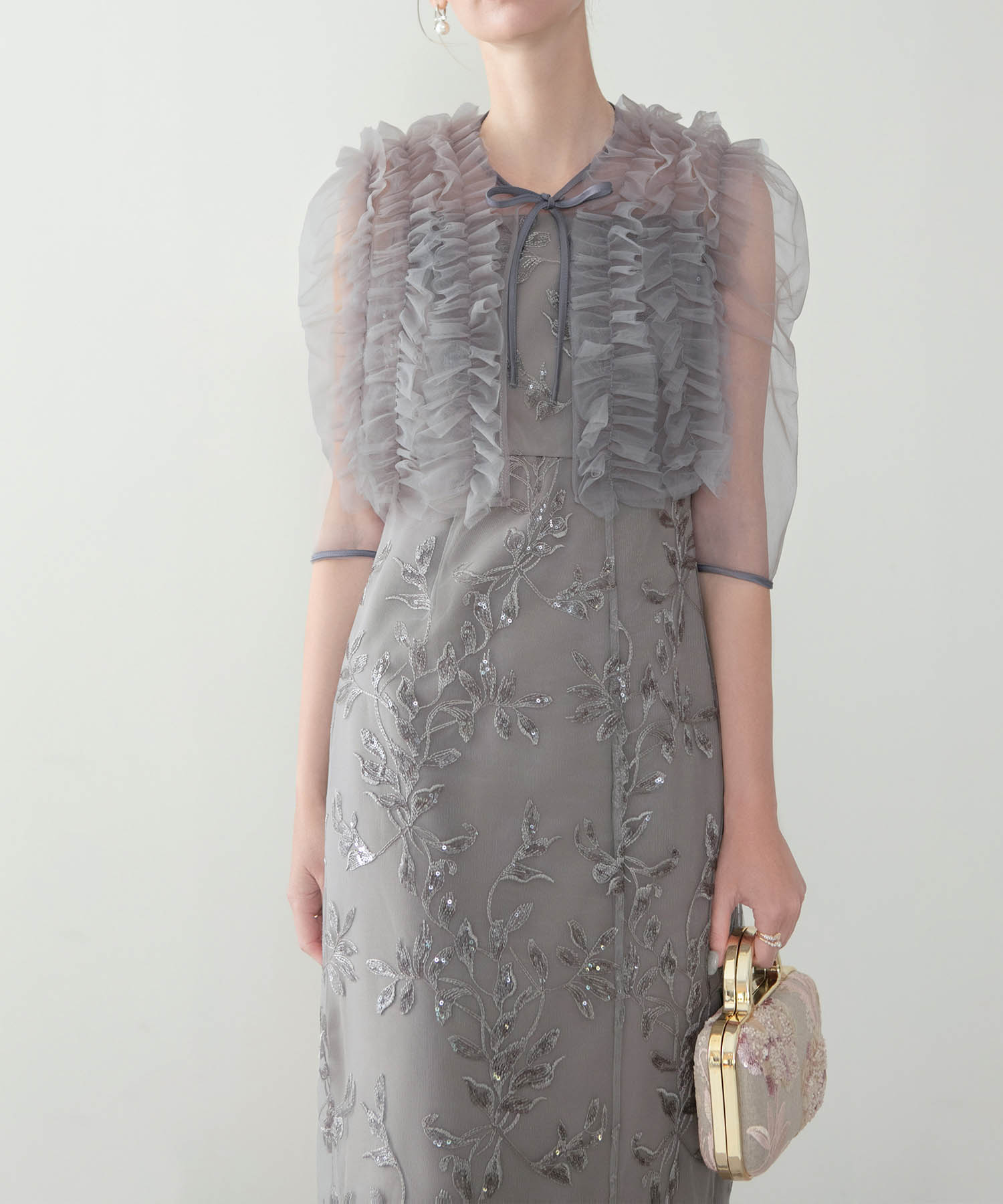 【当日発送】チュールフリルボレロフラワースパンコールＩラインワンピースドレス