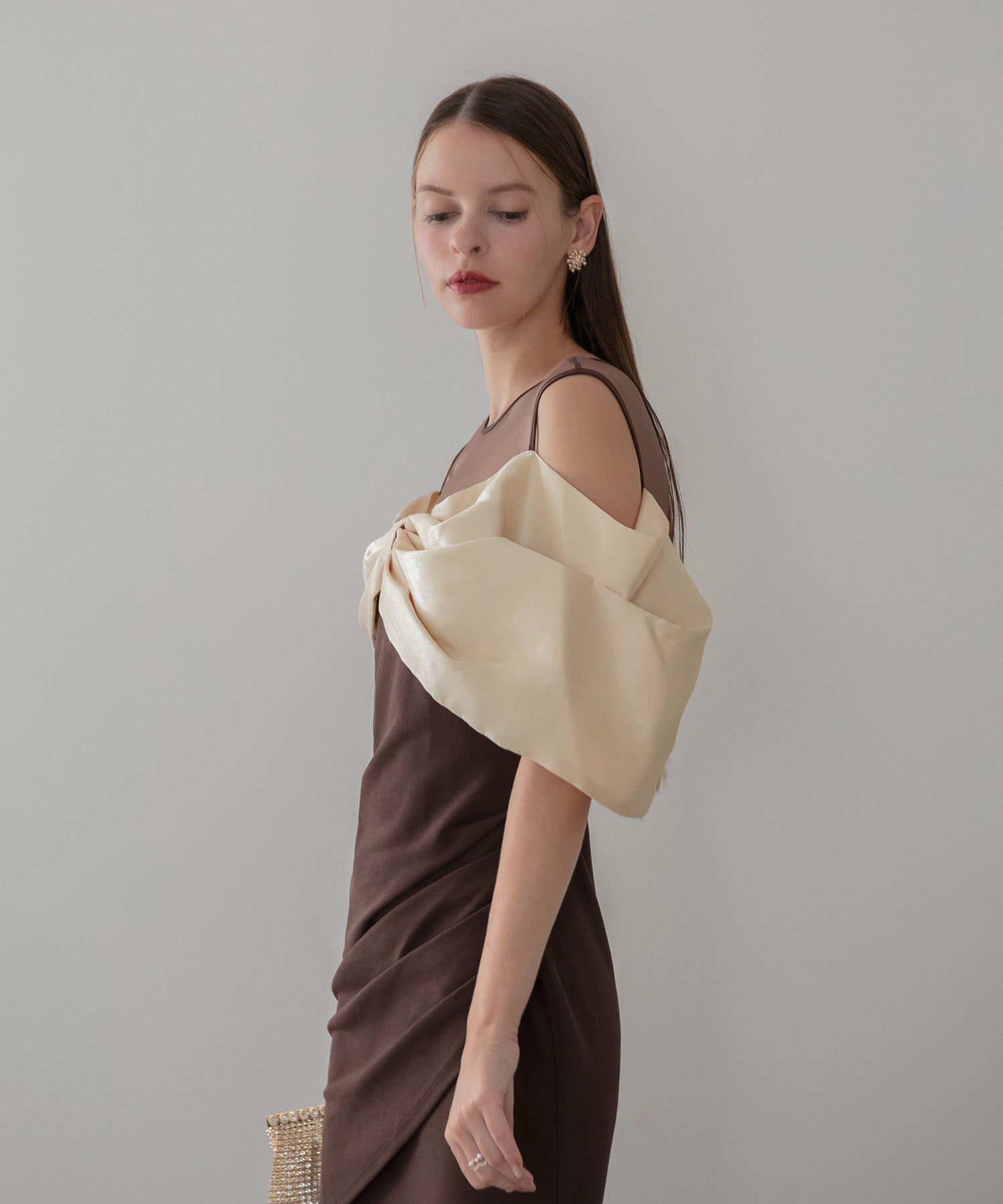 【LEJA LUXE】ビッグリボンシアーショルダードレープロングドレス