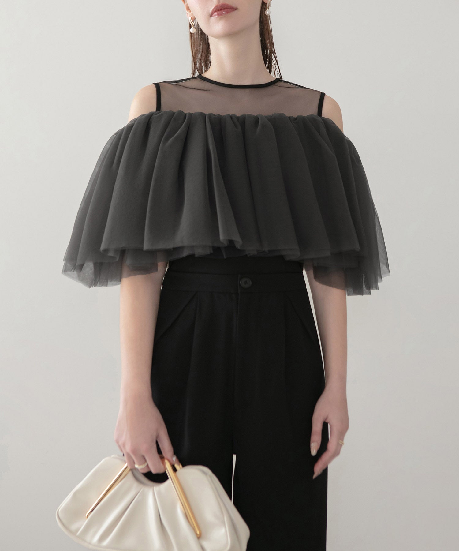 【当日発送】シアーチュールオフショルダーセットアップパンツドレス