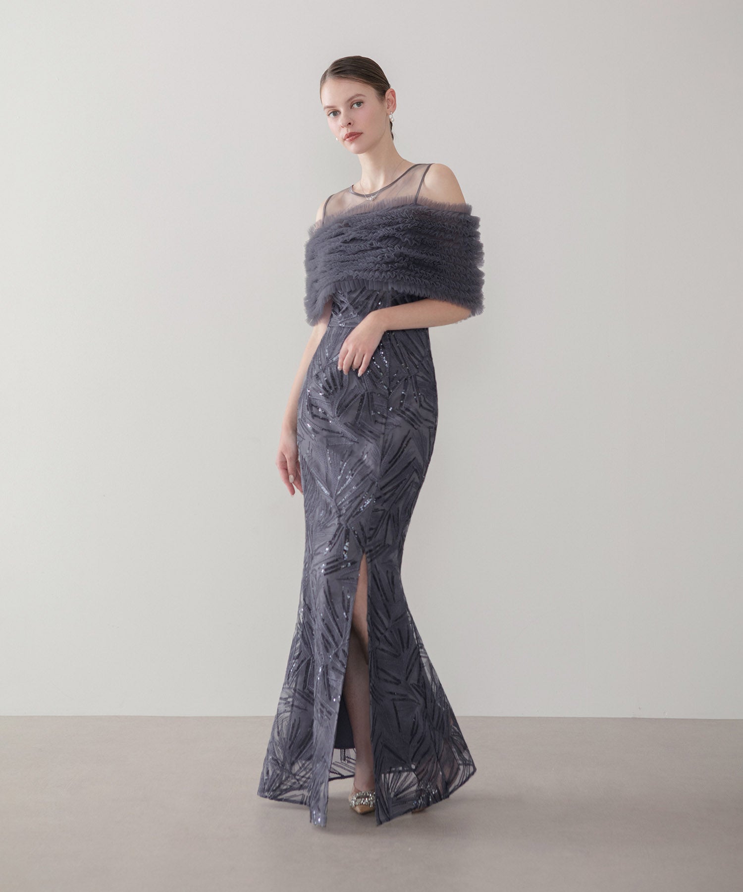 【LEJA LUXE】チュールフリルスパンコールスリットマーメイドドレス