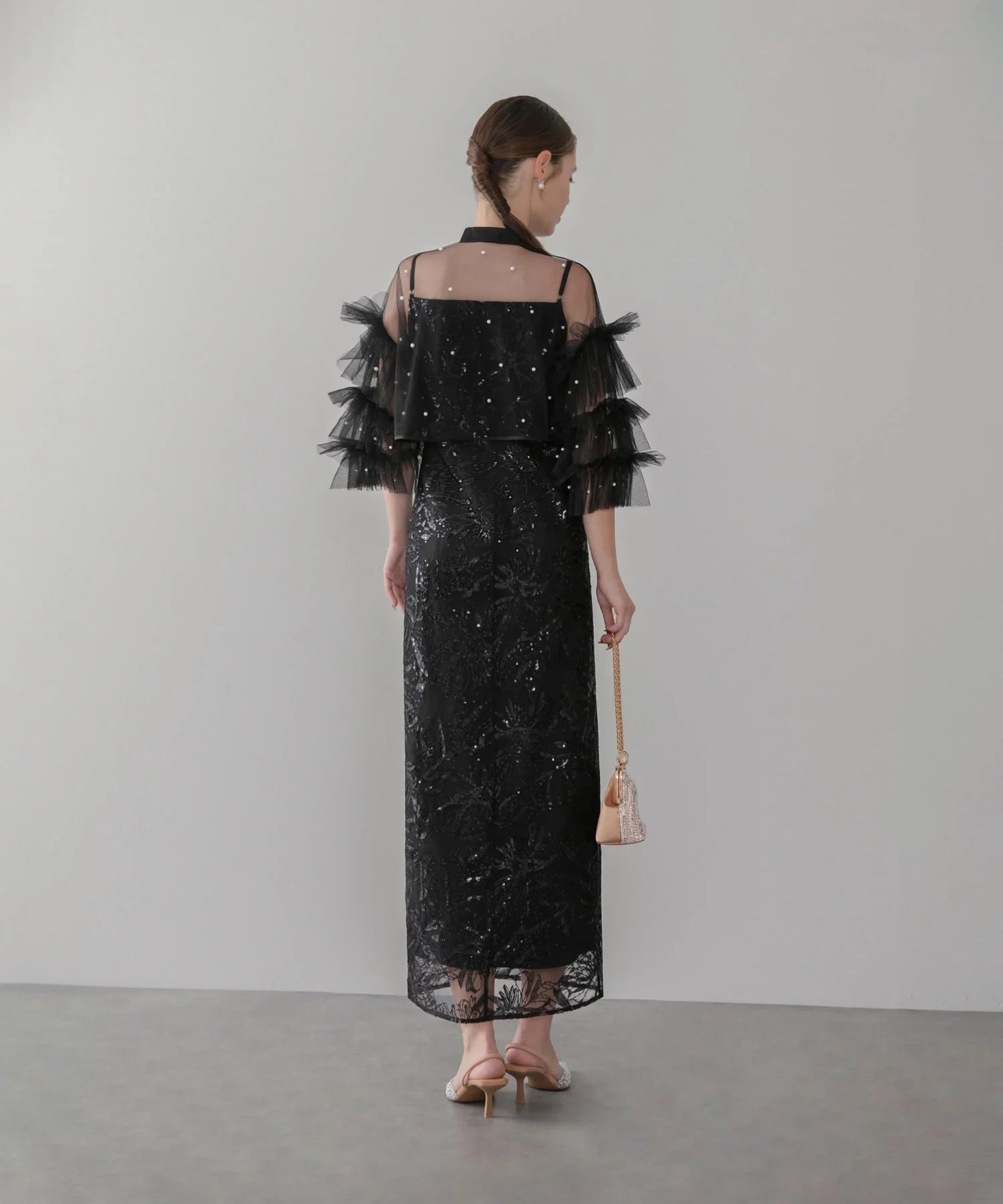 【一部当日発送】パールフリルチュールボレロレイヤードIラインワンピースドレス