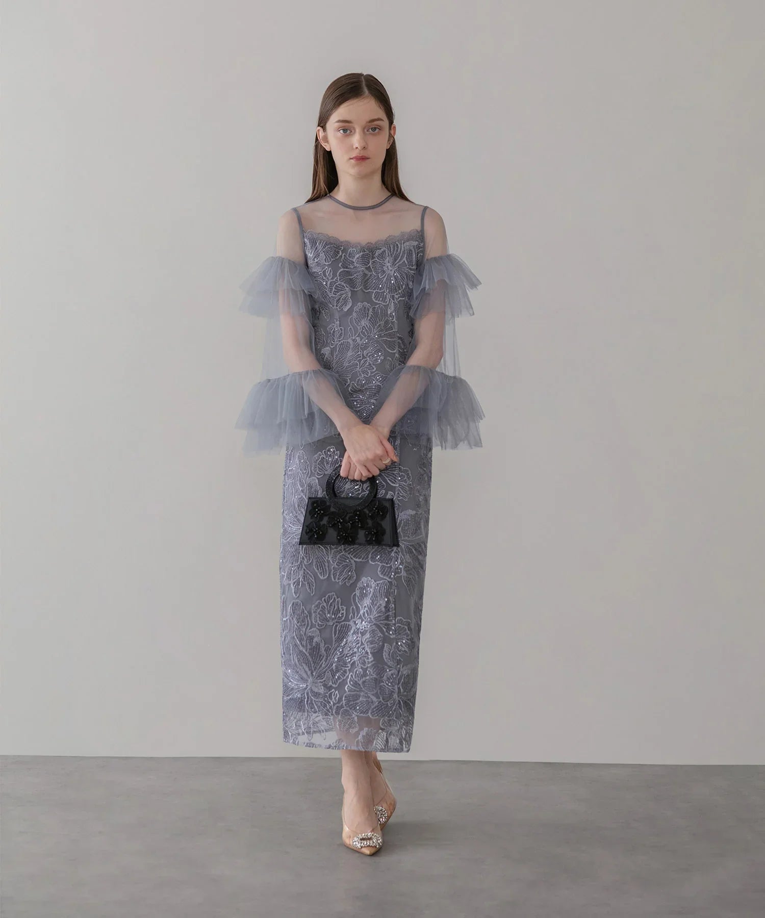 【当日発送】フリルチュールスリーブレースIラインワンピースドレス