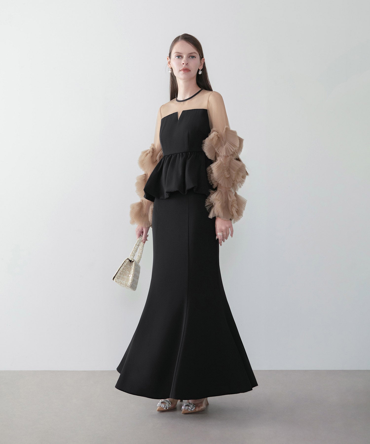 【一部当日発送】ボリュームチュールスリーブペプラムマーメイドセットアップドレス