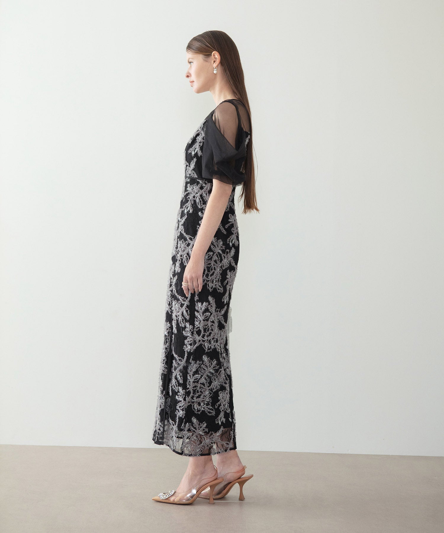 【当日発送】ラメシャギーフラワーシアースリーブＩラインワンピースドレス