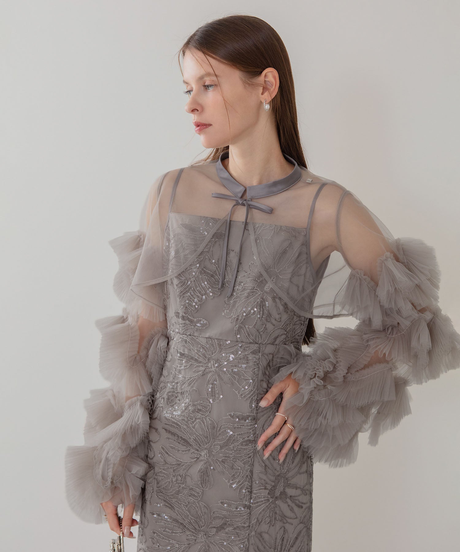 【一部当日発送】フリルチュールスリーブリボンIラインワンピースドレス