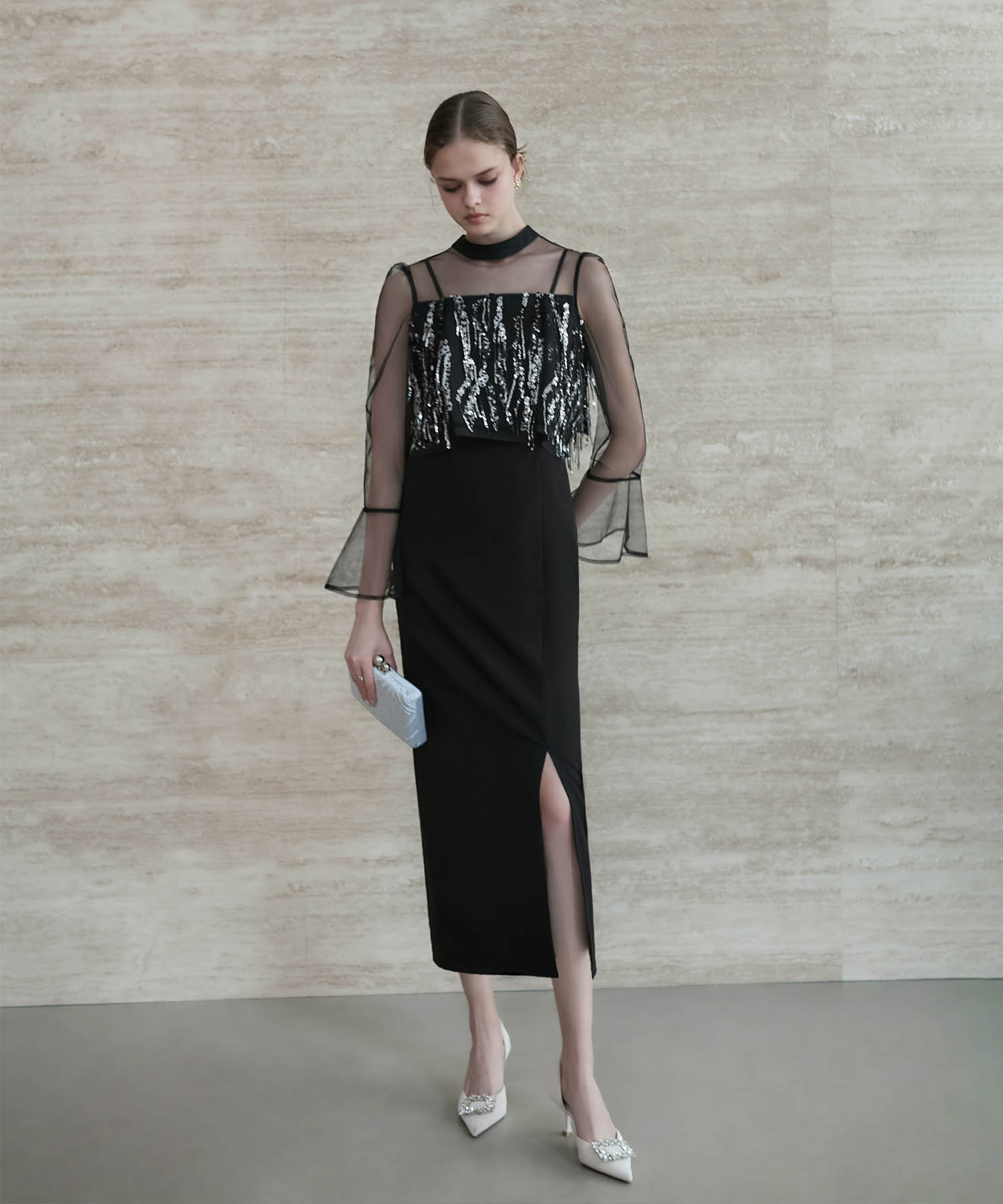 【当日発送】2WAYスパンコールビスチェチュールIラインワンピースドレス