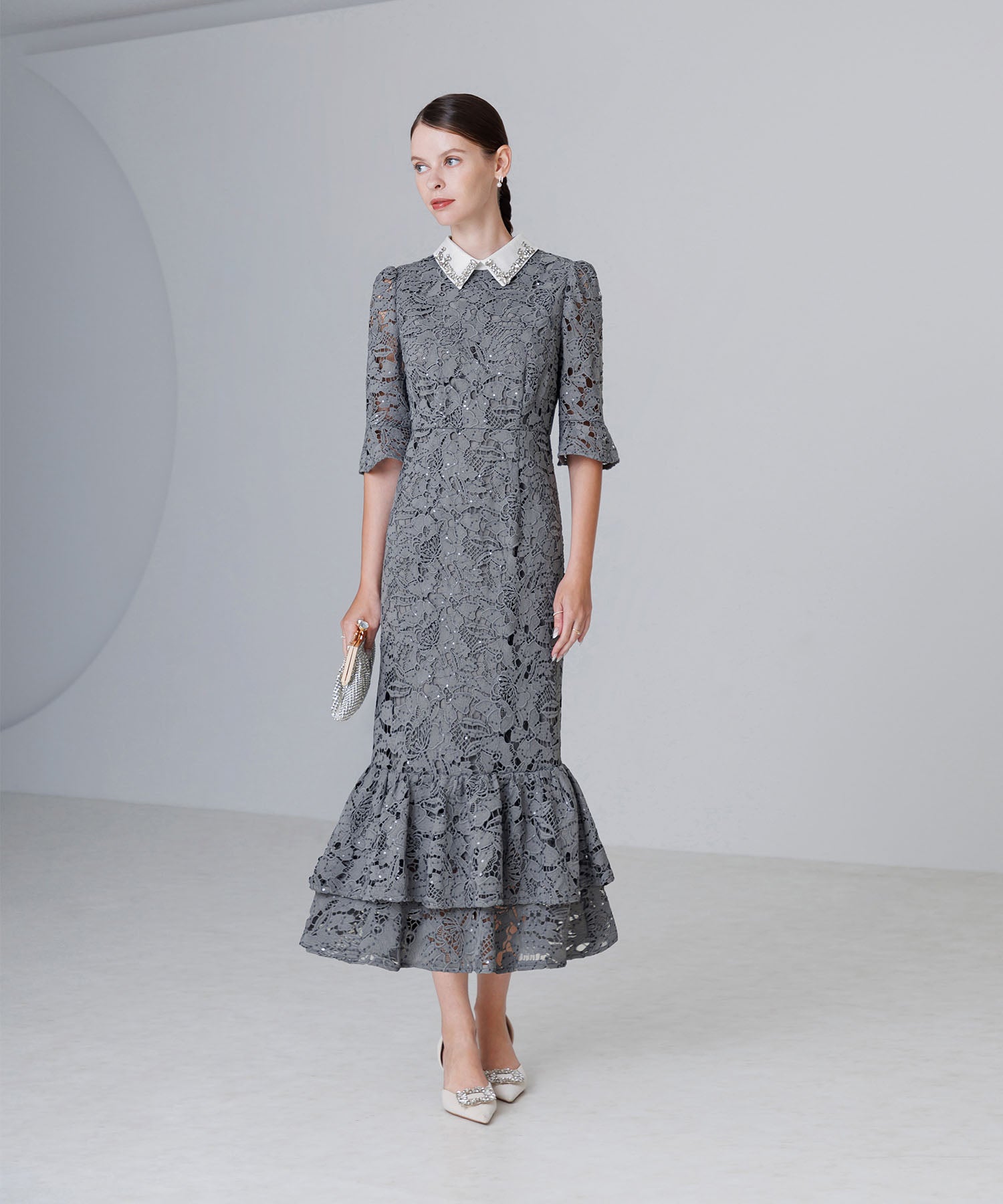 当日発送】ビジューカラーフラワーフリルマーメイドワンピース