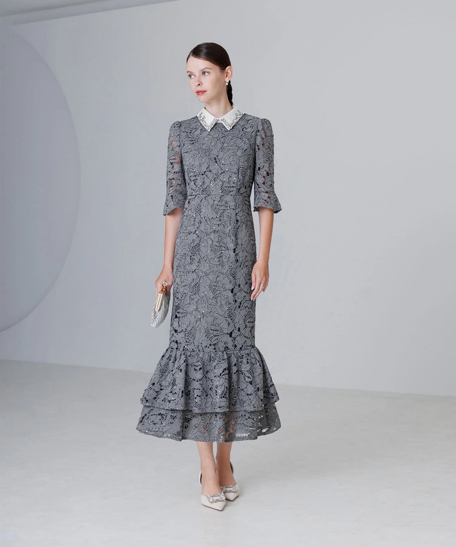 【当日発送】ビジューカラーフラワーフリルマーメイドワンピースドレス