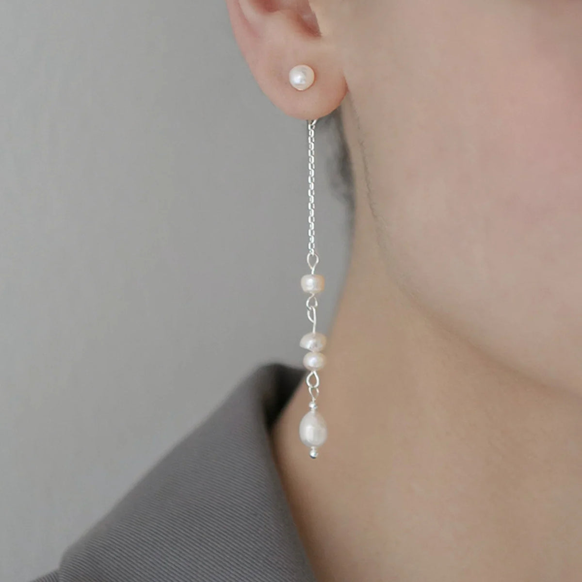 エレガントパールチェーンピアス 当日発送】ナチュラルパールチェーンロングピアス