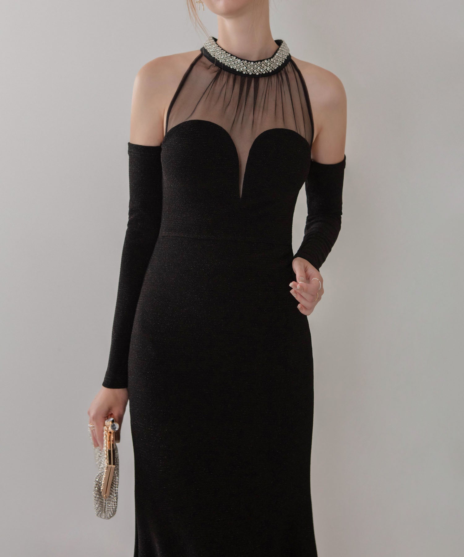 【LEJA LUXE】シアーネックビジューデザインブラックマーメイドロングドレス