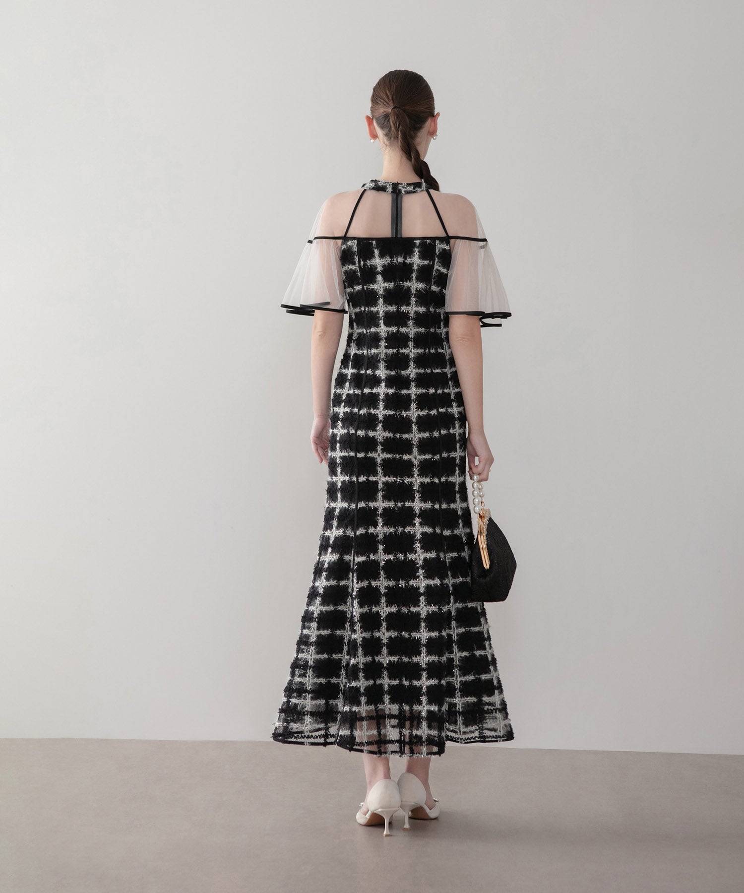 【当日発送】ラメシャギーツイードチェックフリルマーメイドワンピースドレス
