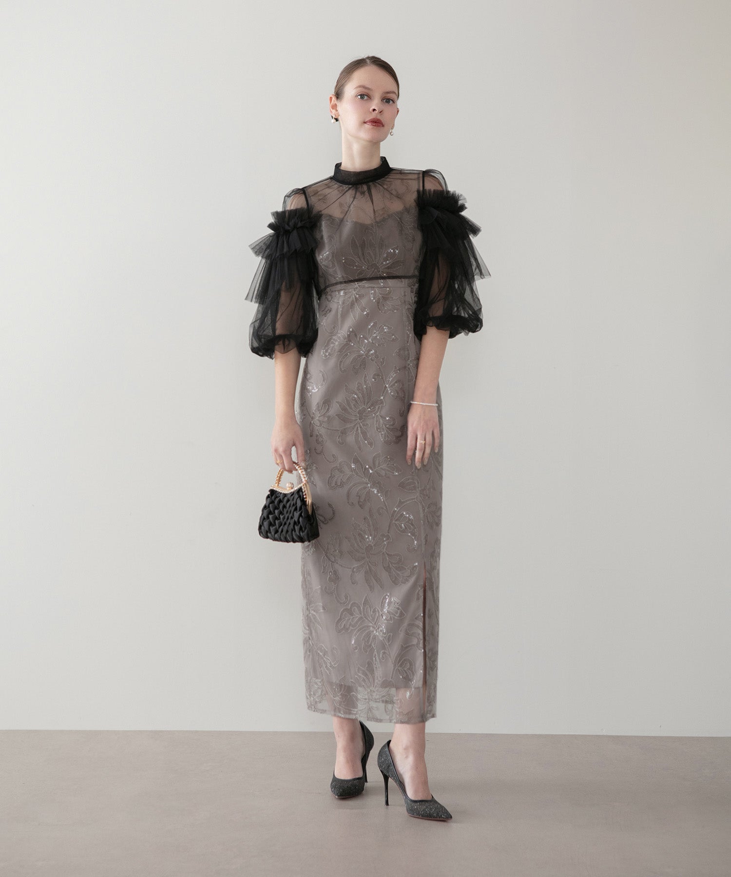 【当日発送】フリルチュールスパンコールフローラルIラインワンピースドレス