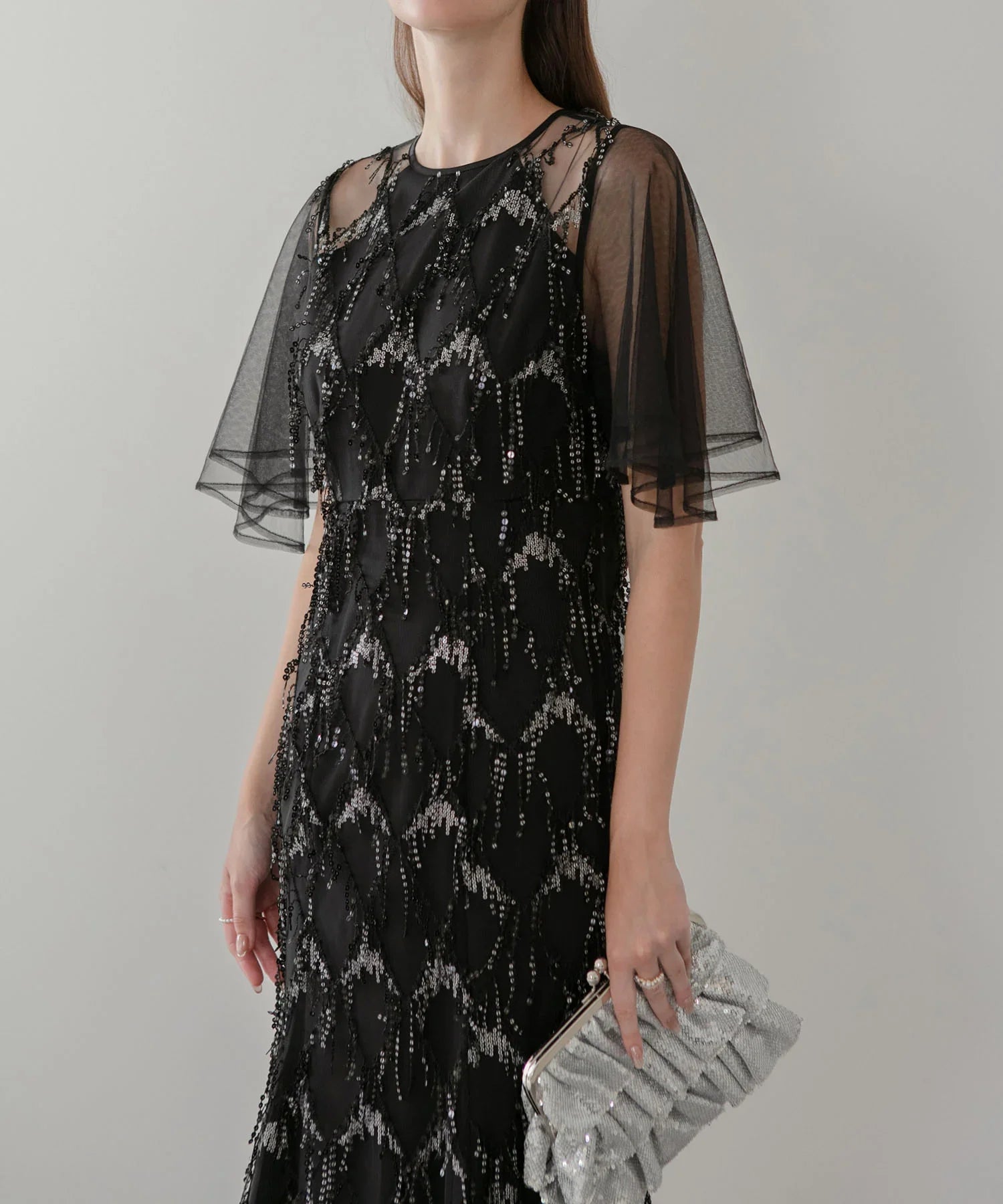 leja チュールスリーブスパンコールマーメイドワンピースドレス セール】【LEJA】チュールスリーブスパンコールマーメイドワンピース