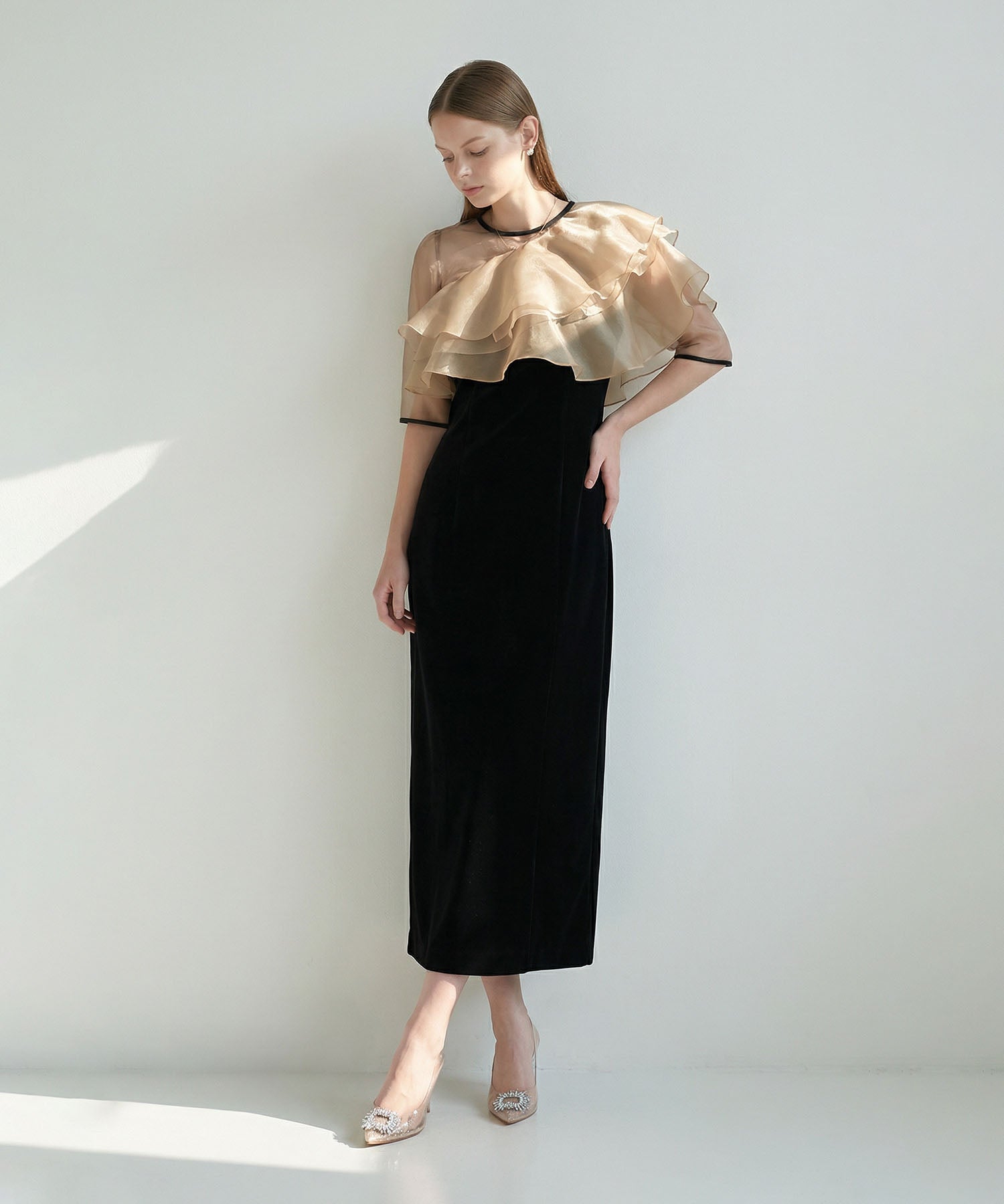 当日発送】アシンメトリーティアードフリル3WAYベロアワンピース結婚式