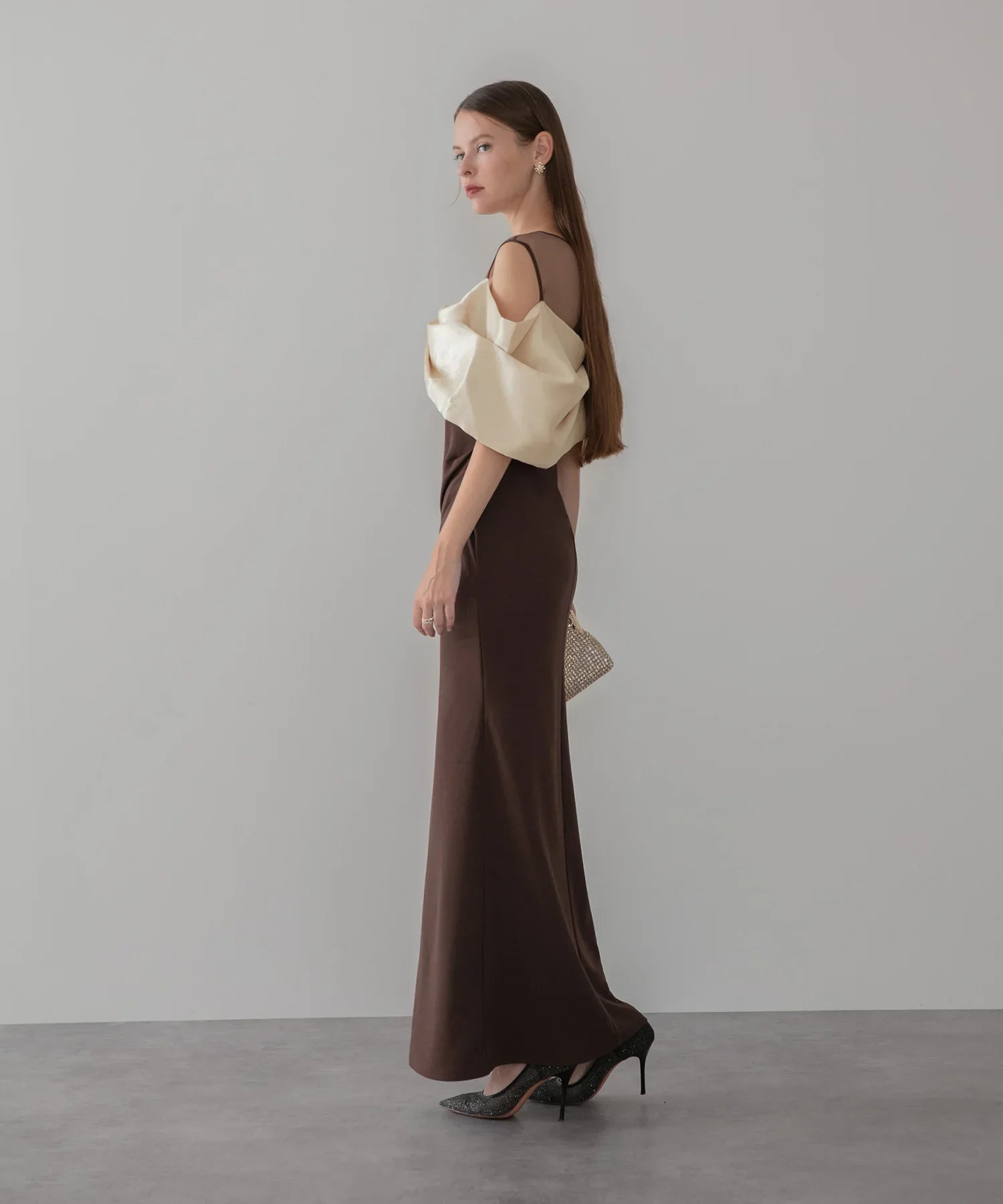 LEJA LUXE】ビッグリボンシアーショルダードレープロングドレス