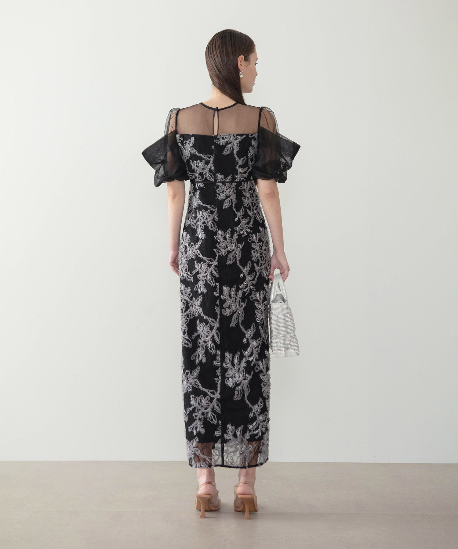 【当日発送】ラメシャギーフラワーシアースリーブＩラインワンピースドレス