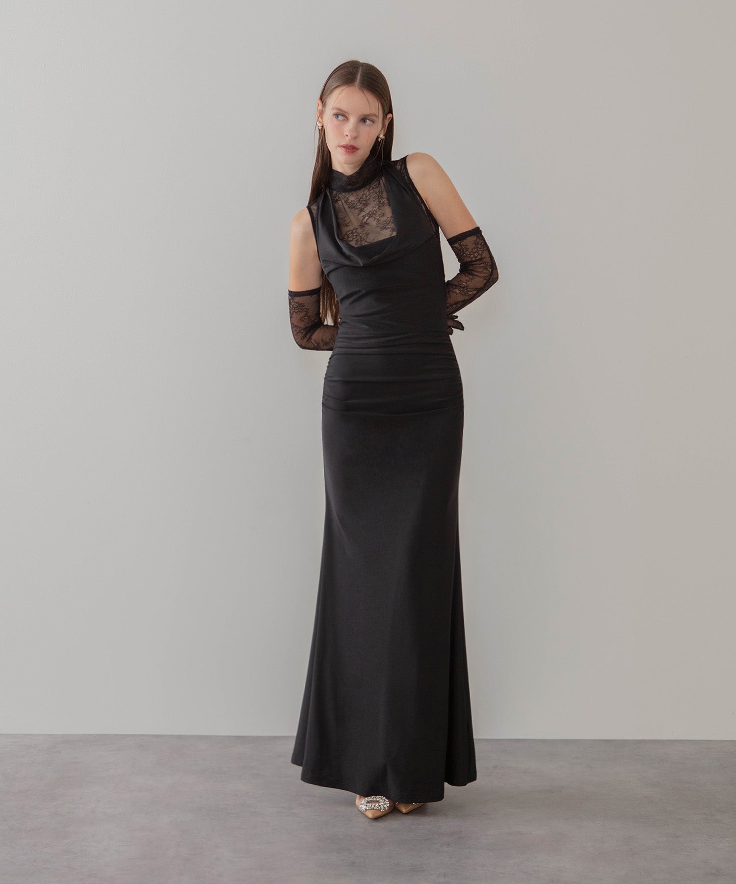 【LEJA LUXE】2WAYシアーレースグローブクラシックブラックマーメイドドレス