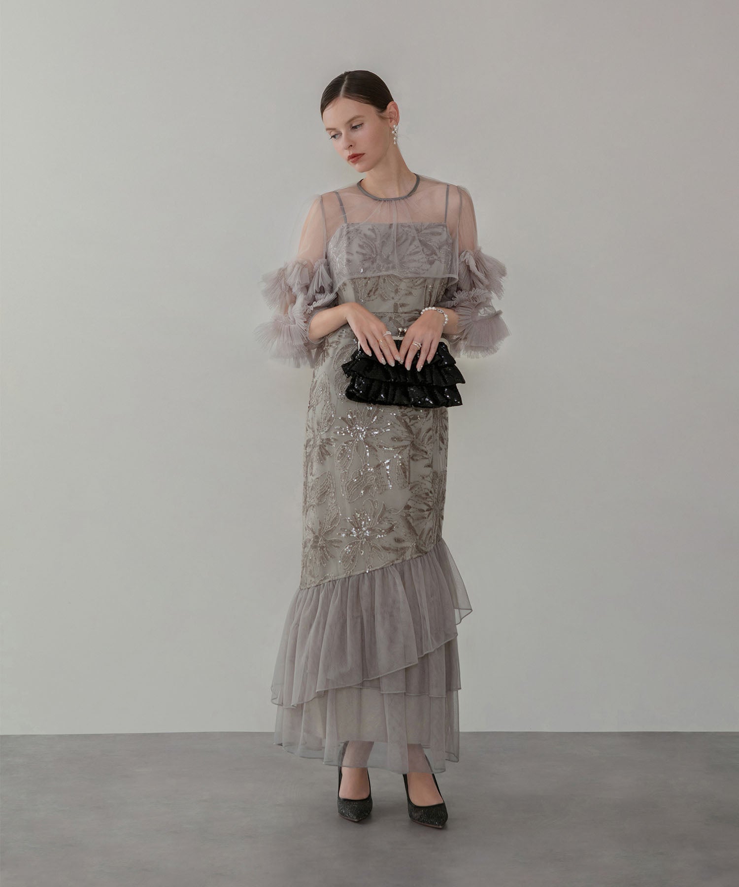 【一部当日発送】フラワースパンコールチュールフリルスリーブIラインワンピースドレス