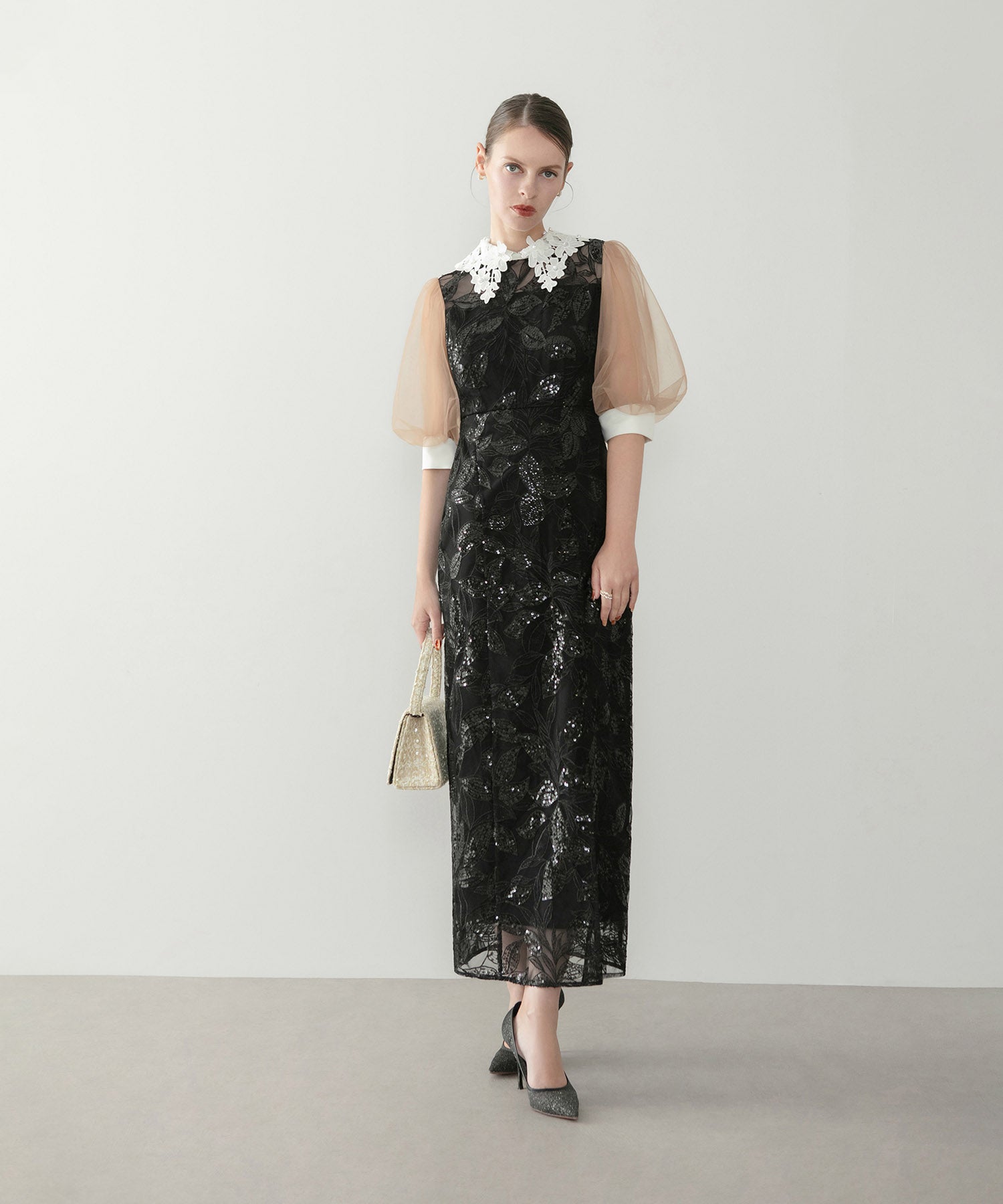 【当日発送】レースカラーリーフスパンコールパフスリーブIラインワンピースドレス