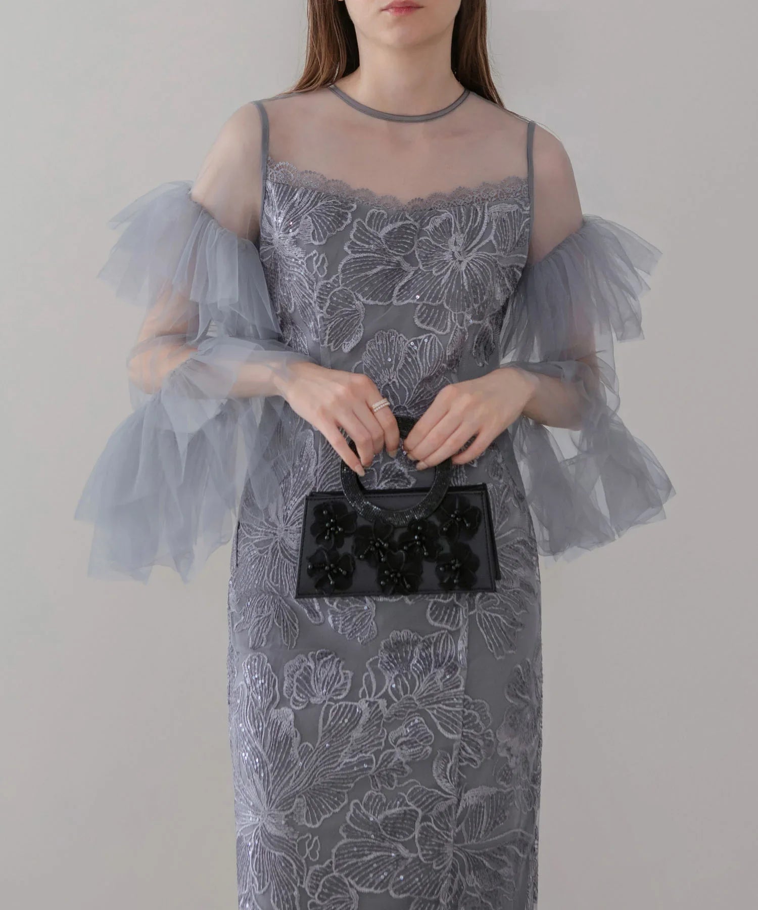 LEJA アシンメトリーチュールスリーブレースフリルヘムIラインワンピースドレス 当日発送】フリルチュールスリーブレースIラインワンピースドレス