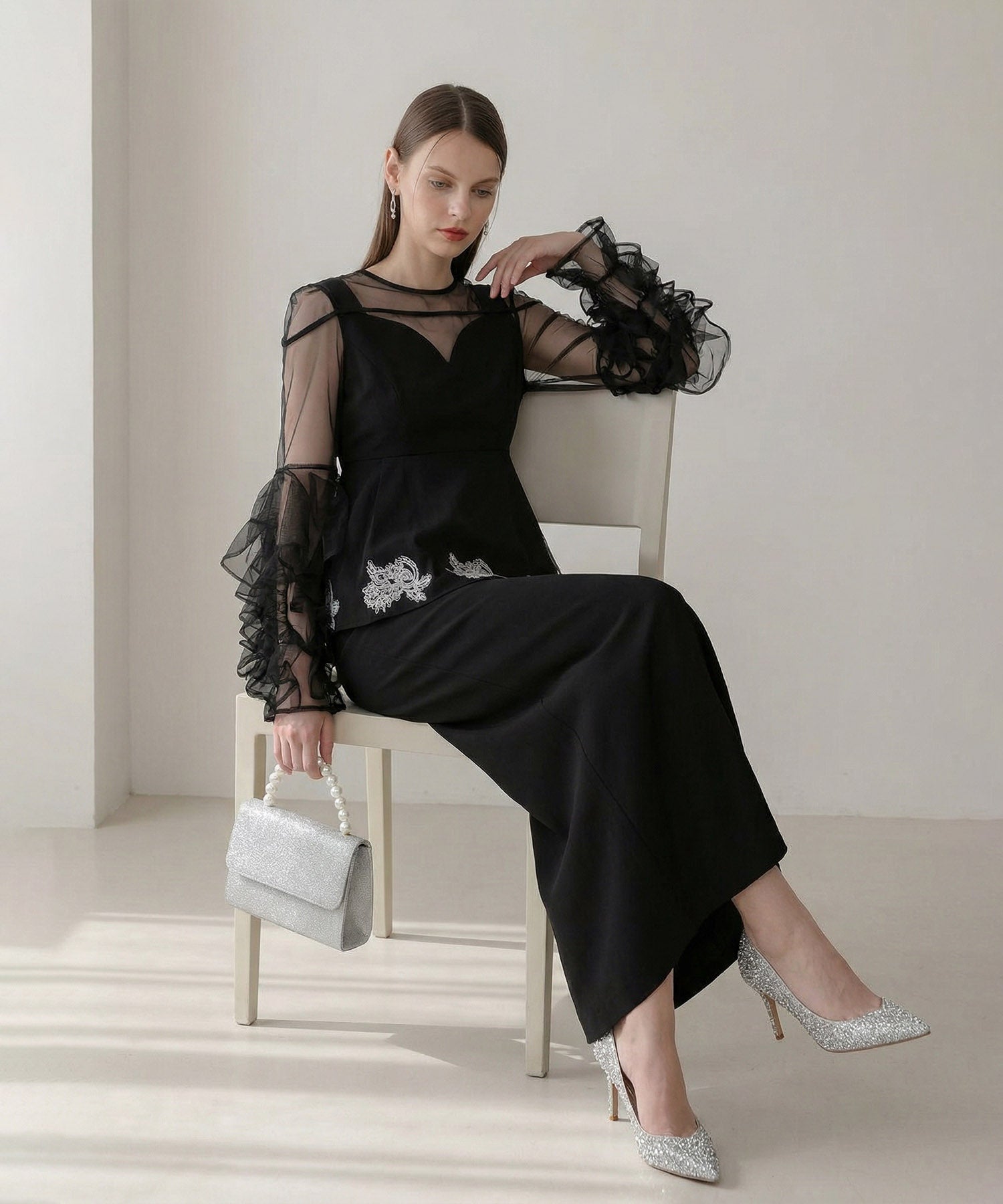 当日発送】シアースリーブフリルペプラムタイトスカートセットアップドレス